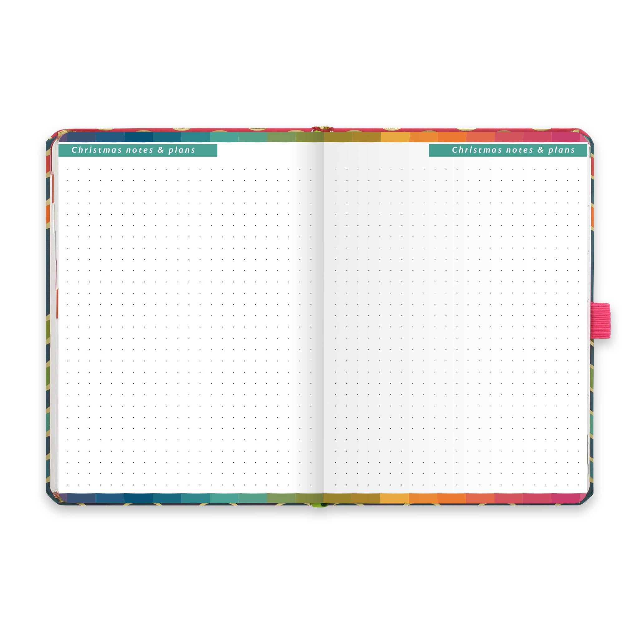 An open diary with dotted Christmas notes and plans pages.