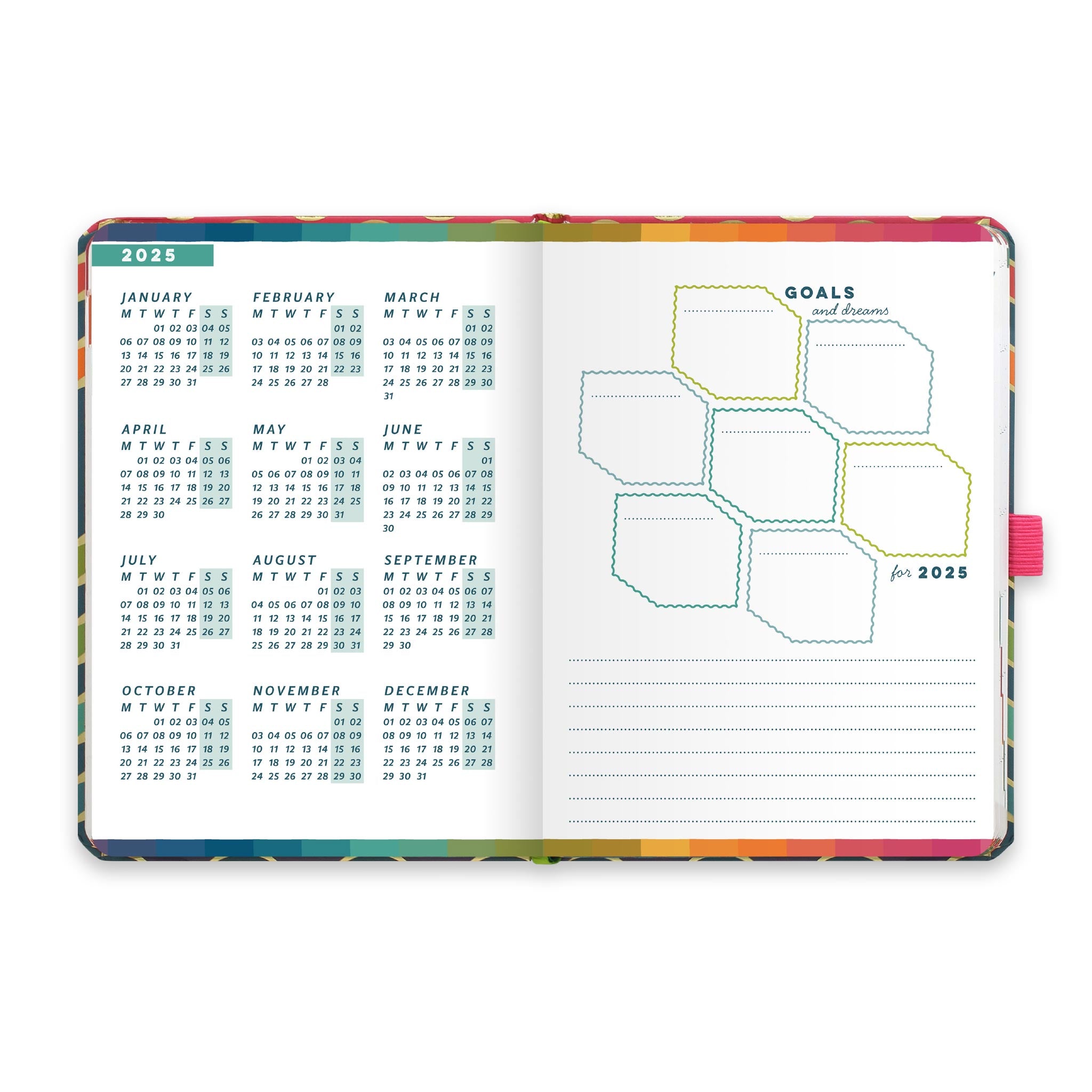 An open diary planner with a goals and dreams for the year page and a page with year micro calendars for 2025 and 2026.