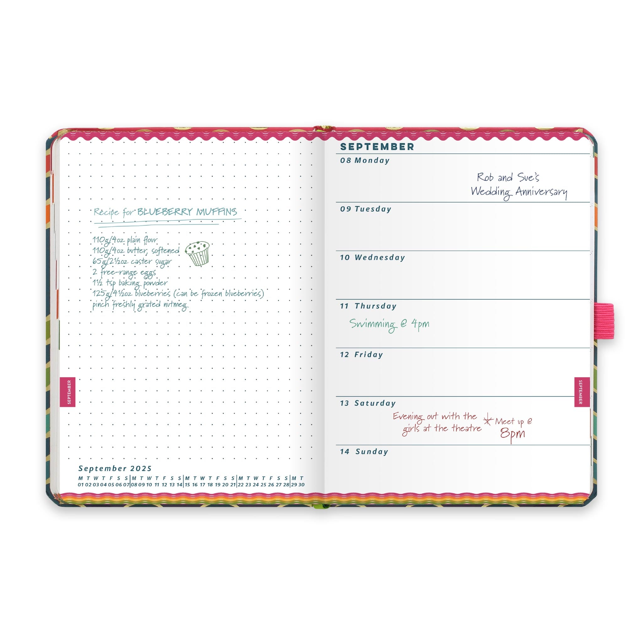 An inside diary spread showing weekly appointments on the right and notes on the left.