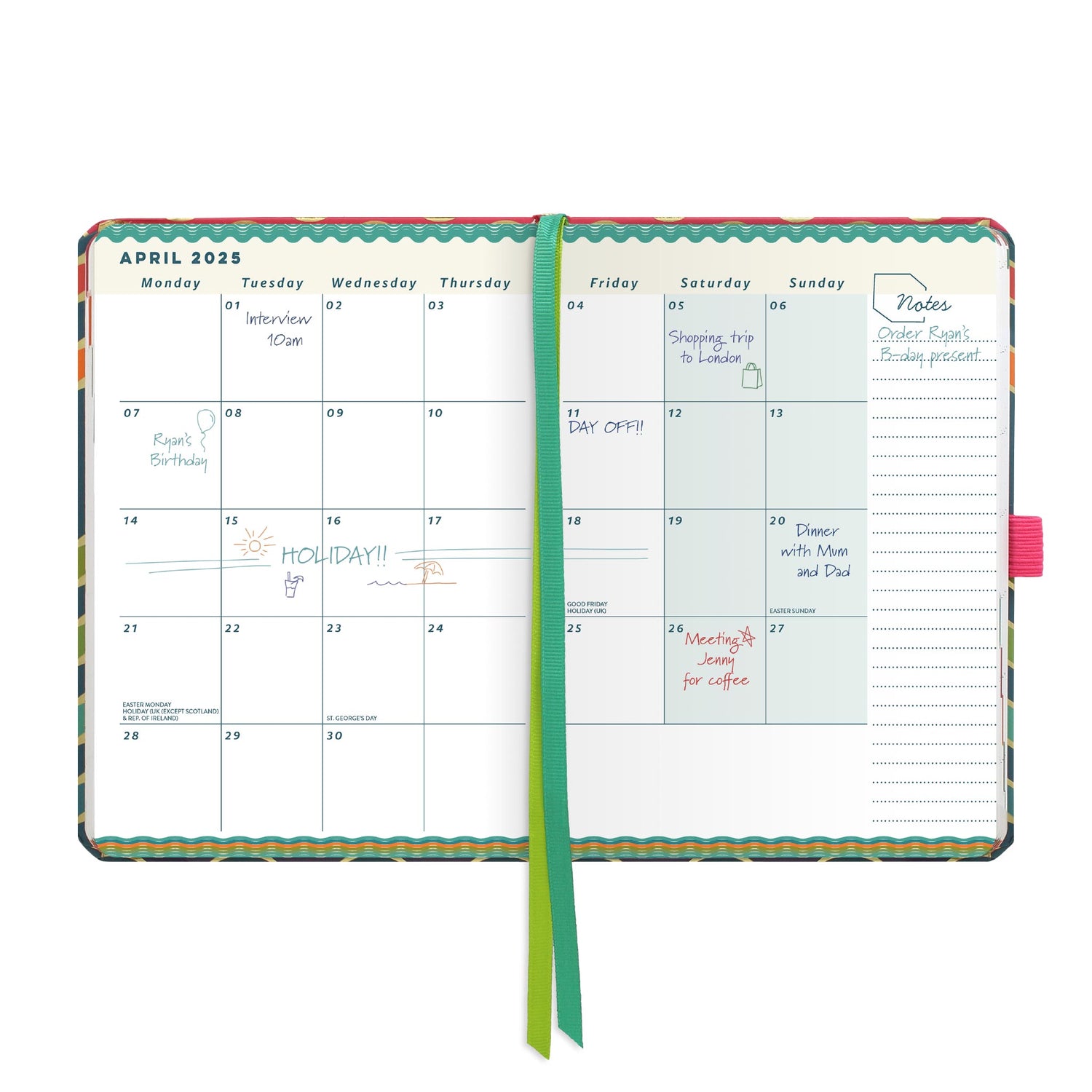 An open page diary spread with a month at a glance calendar, note space and ribbon page markers.