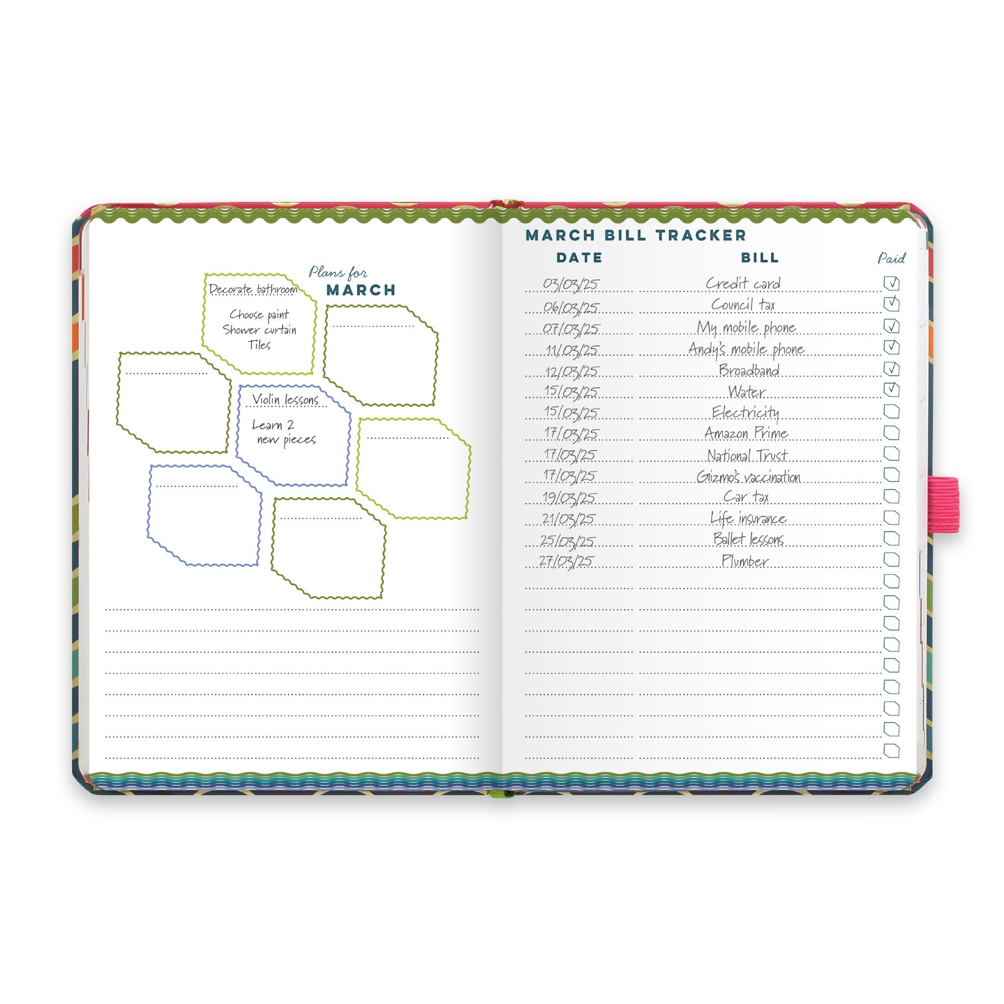 An open diary planner with a monthly plans page and a monthly bill tracker.