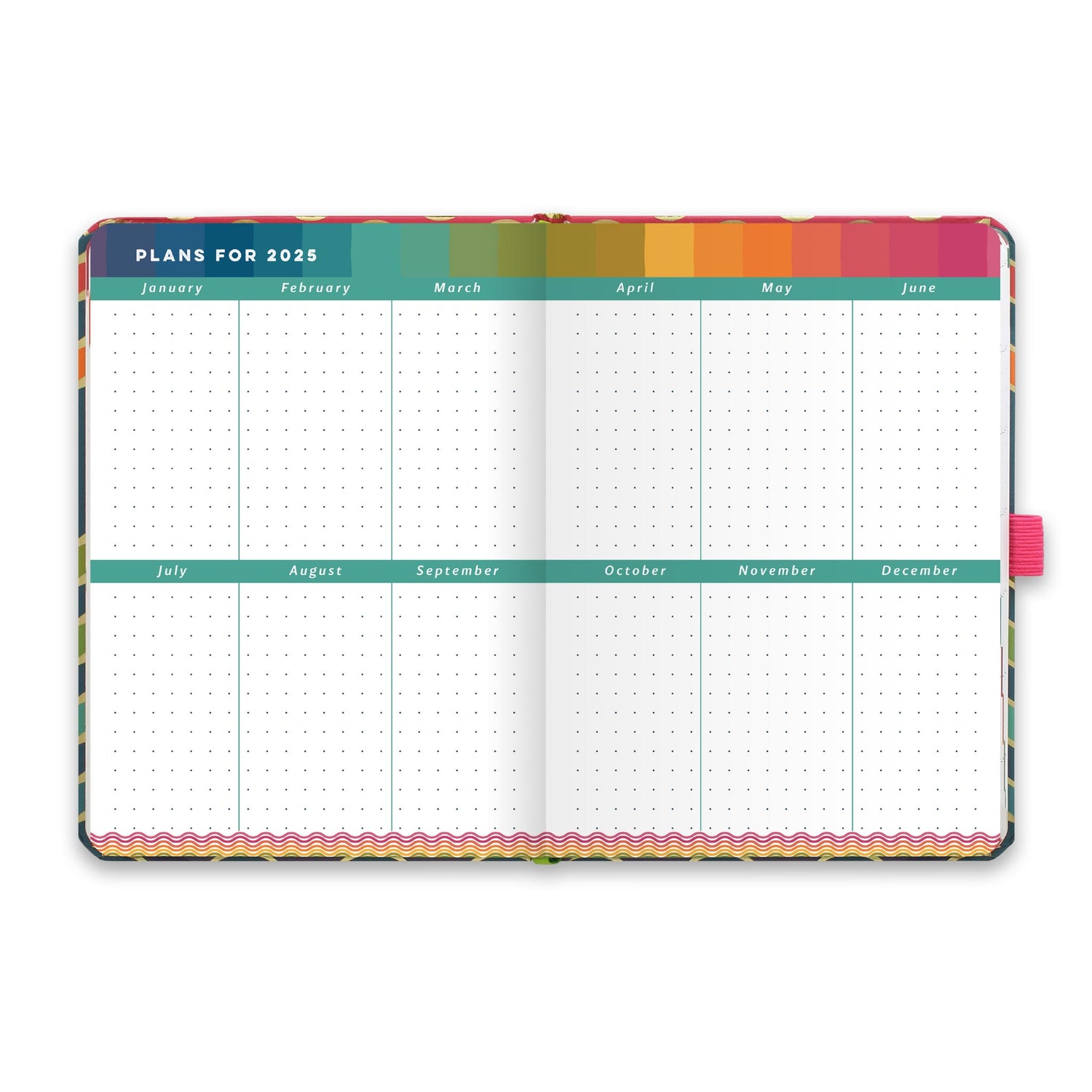 An open diary planner with plans for 2025 and dotted note space for each month.