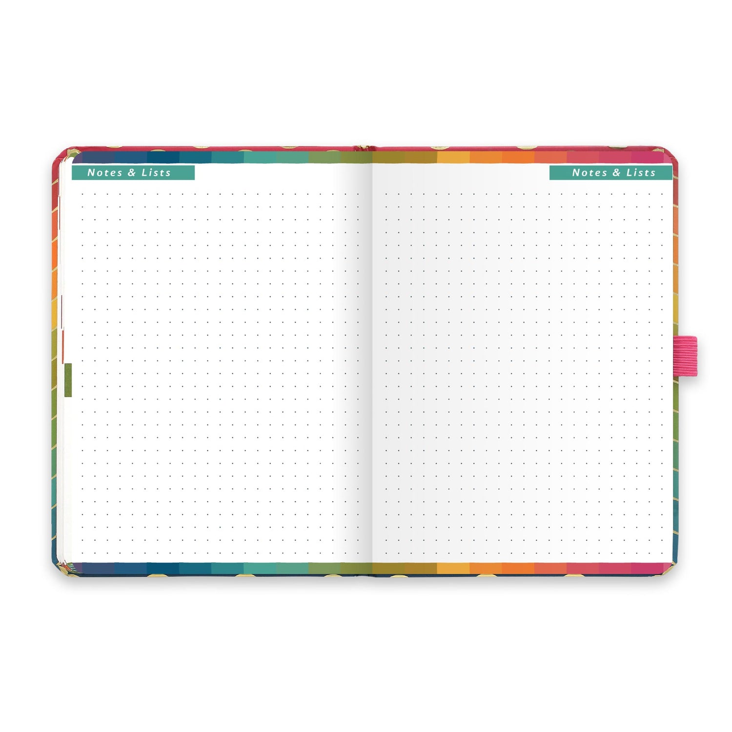 An open diary with dotted notes and lists pages.