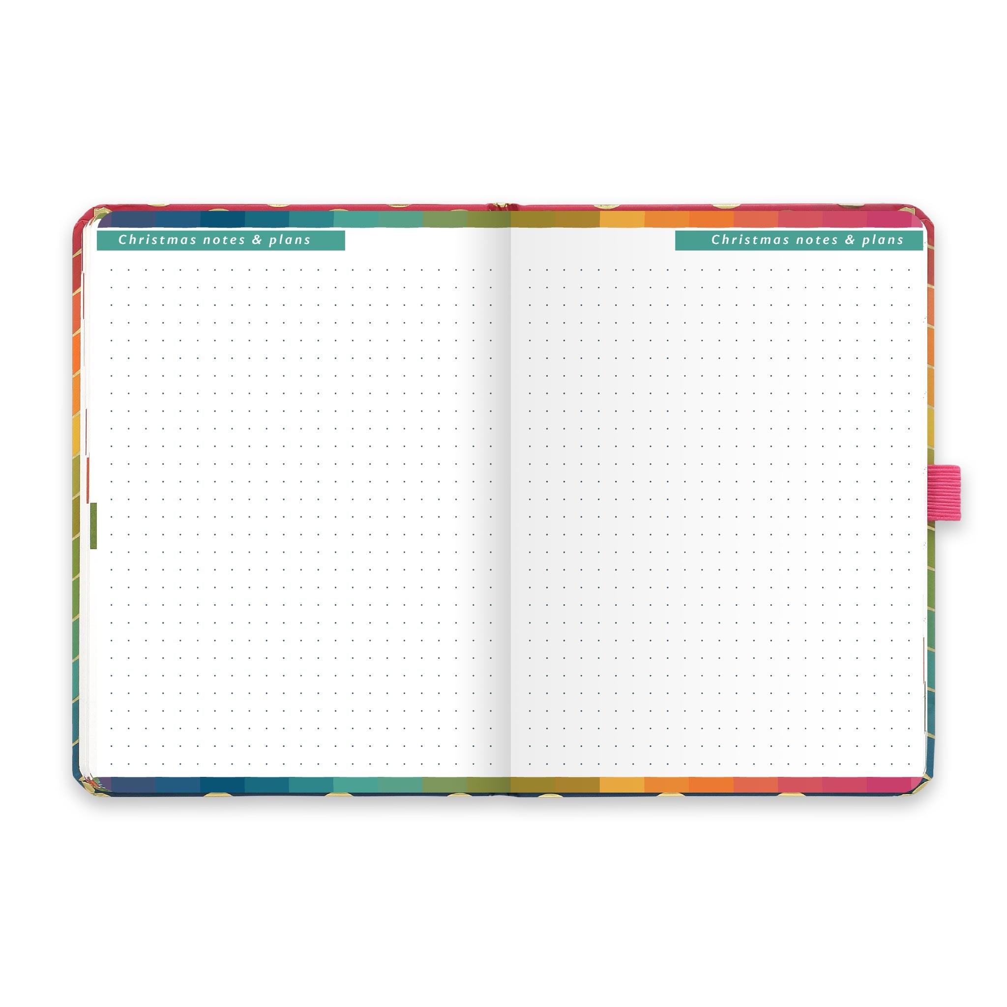 An open diary with dotted Christmas notes and plans pages.