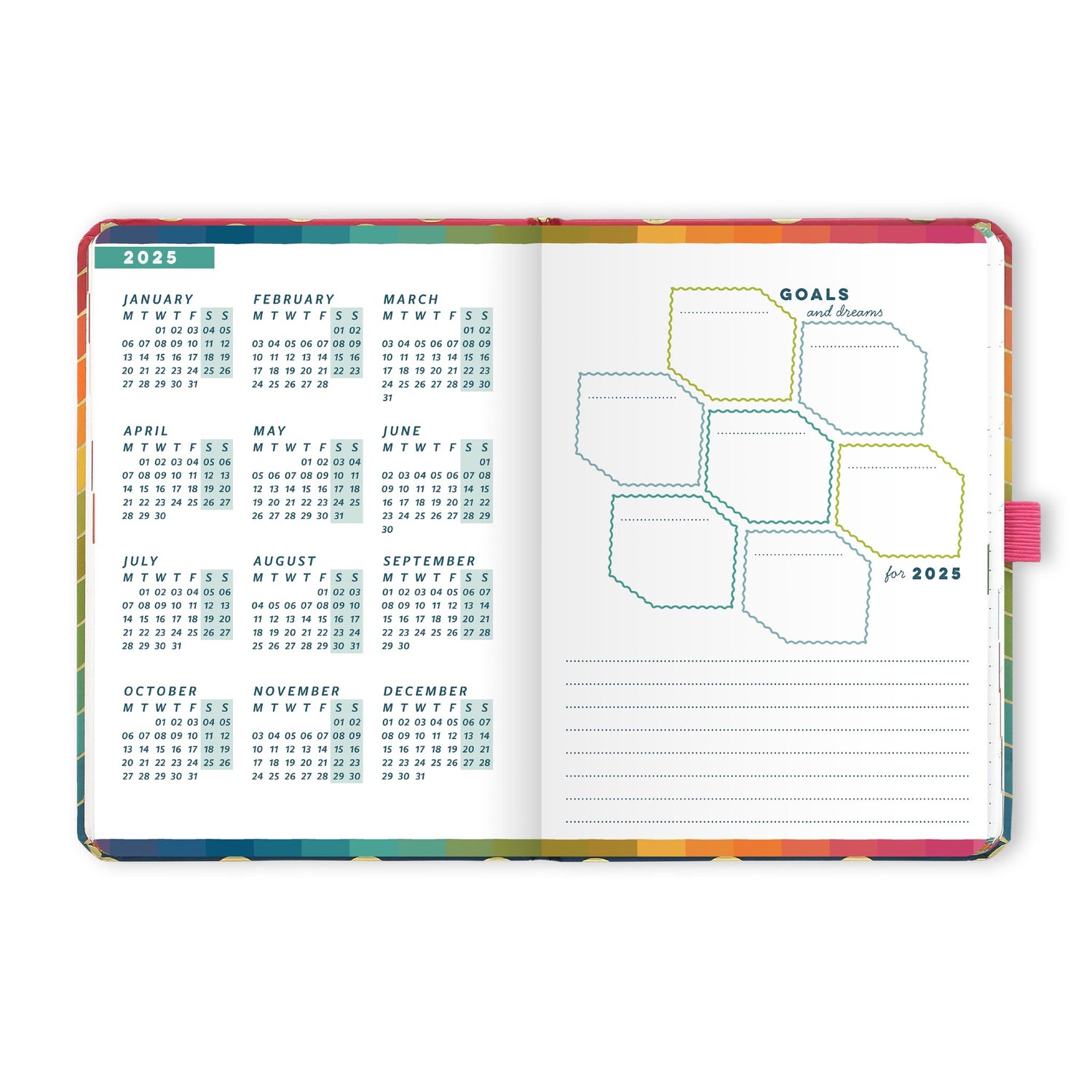 An open diary planner with a goals and dreams for the year page and a page with year micro calendars for 2025 and 2026.