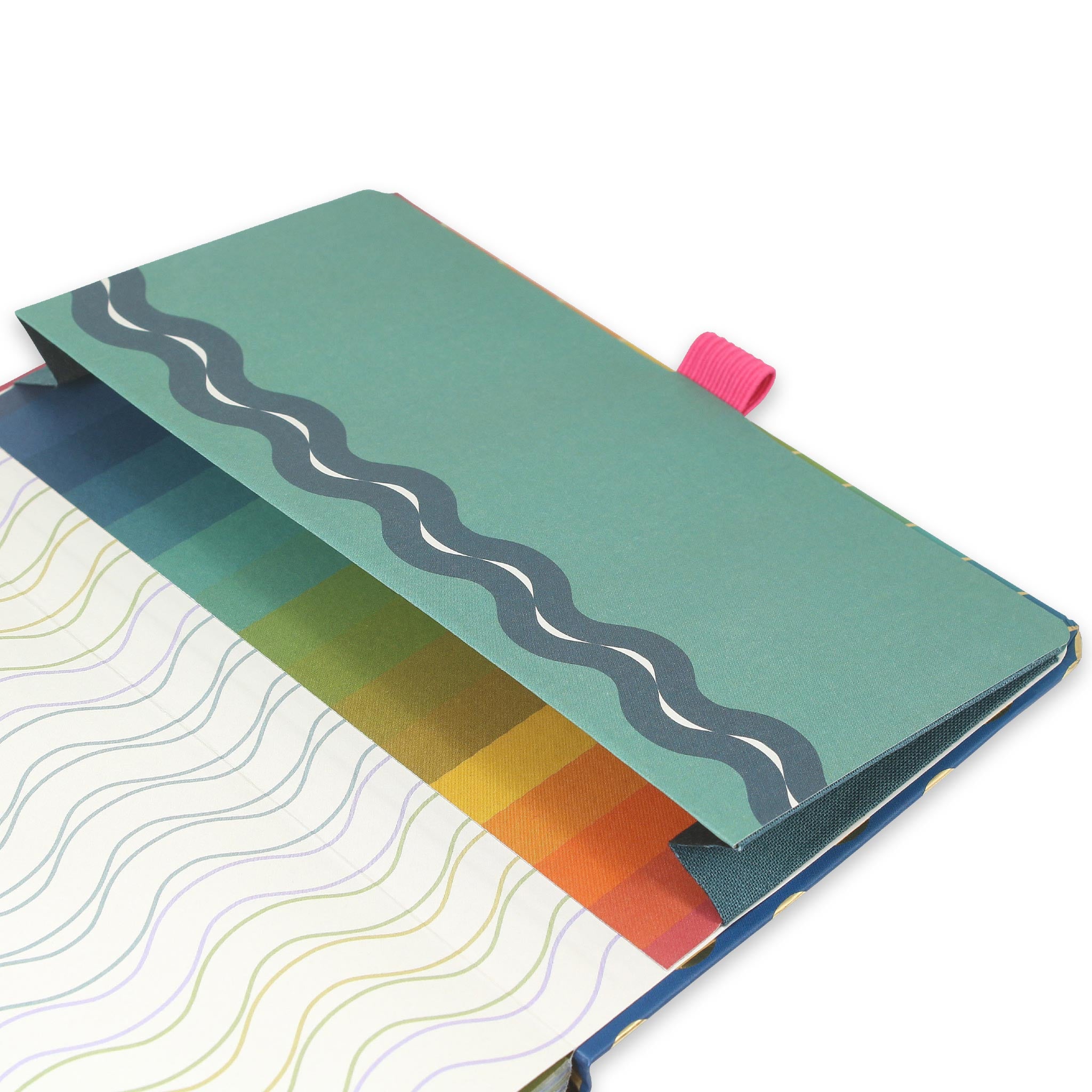 Diary back pocket with a wavy design and pink pen loop.