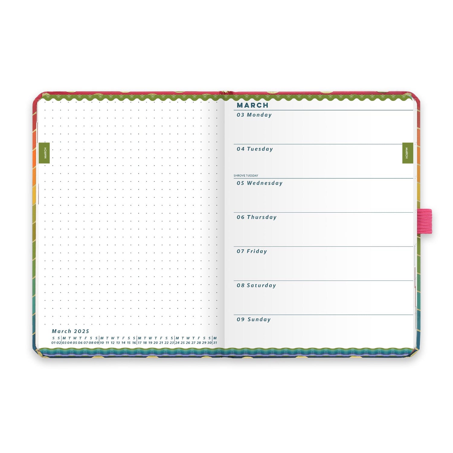An inside diary spread showing March 2025 with a diary page on the right and dotted note on the left.