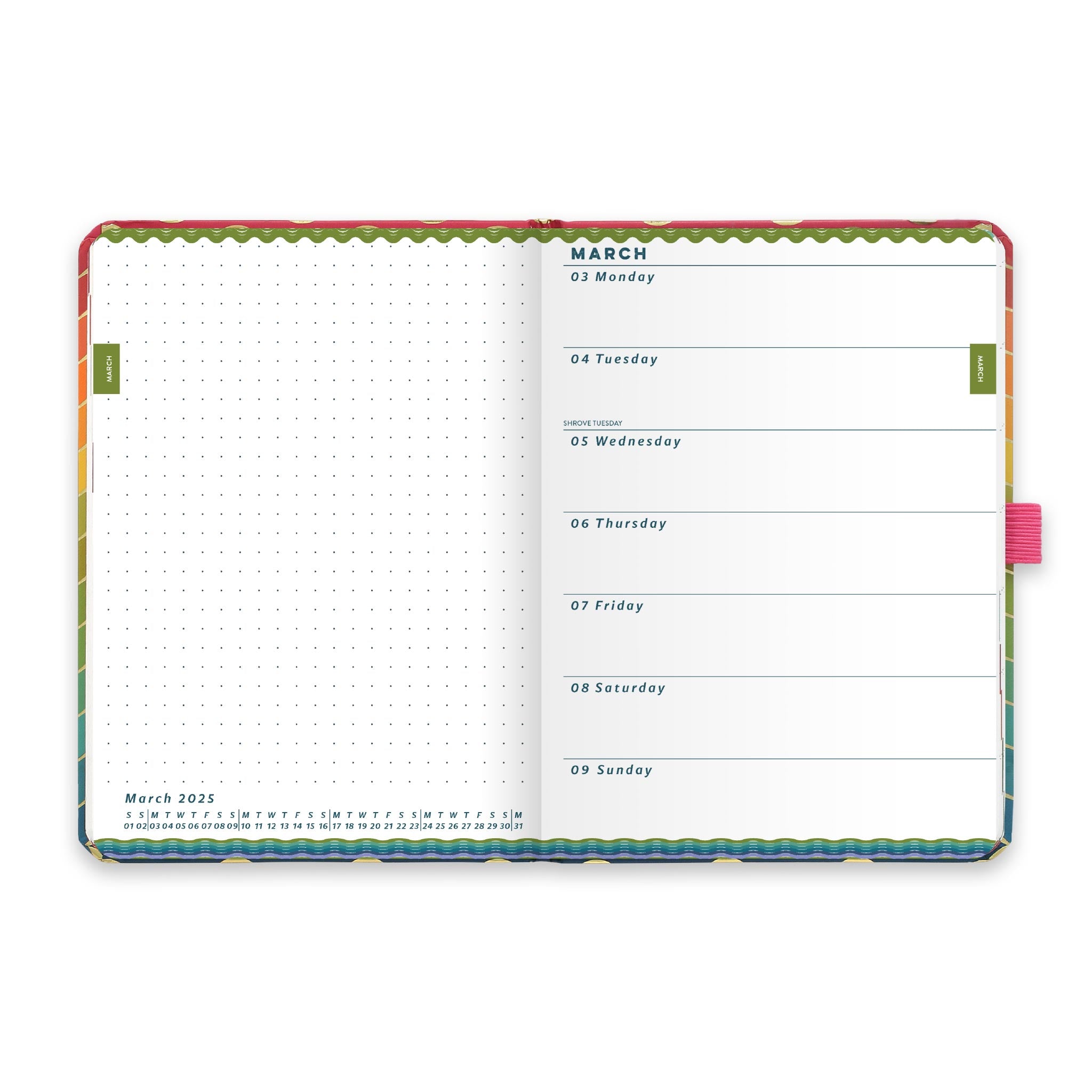 An inside diary spread showing March 2025 with a diary page on the right and dotted note on the left.