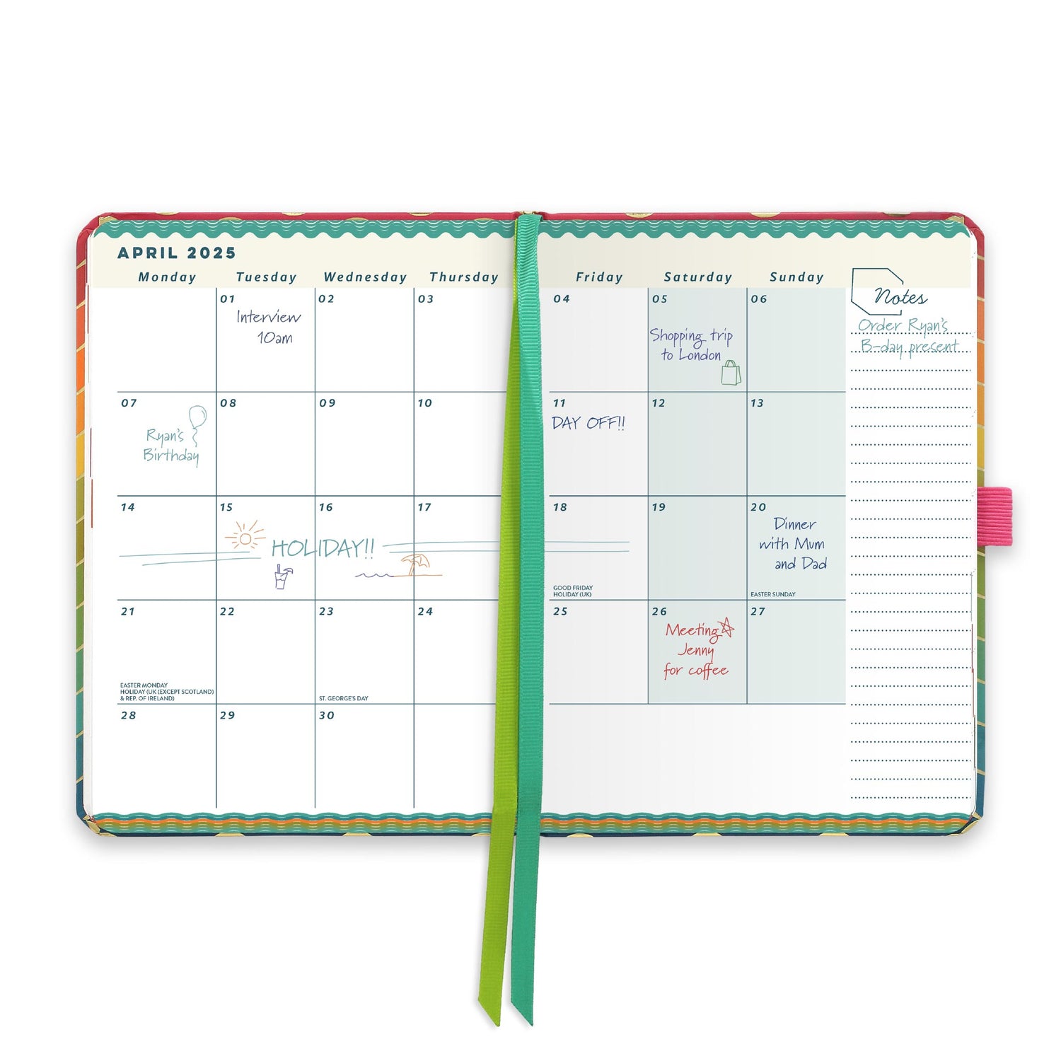 An open page diary spread with a month at a glance calendar, note space and ribbon page markers.