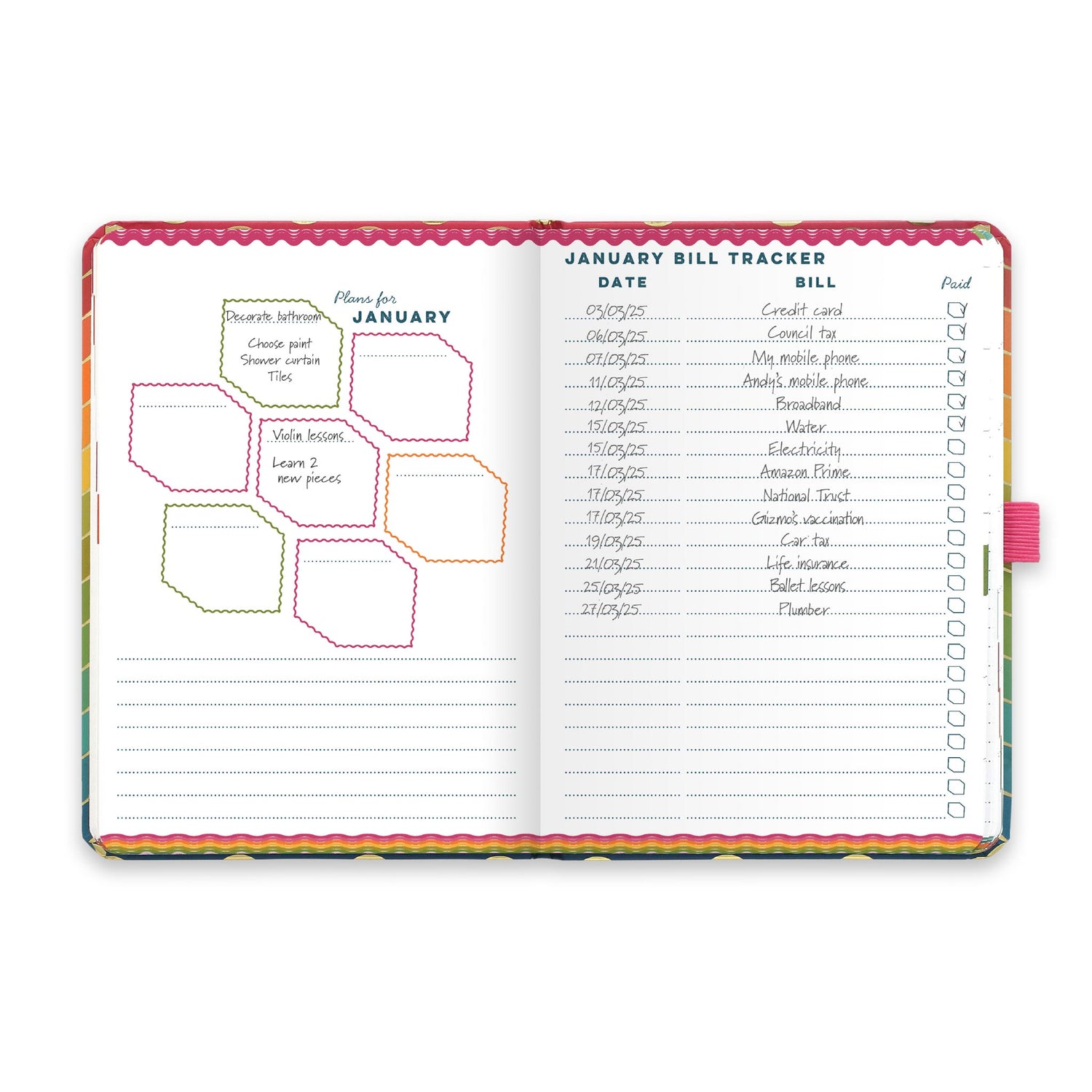An open diary planner with a monthly plans page and a monthly bill tracker.