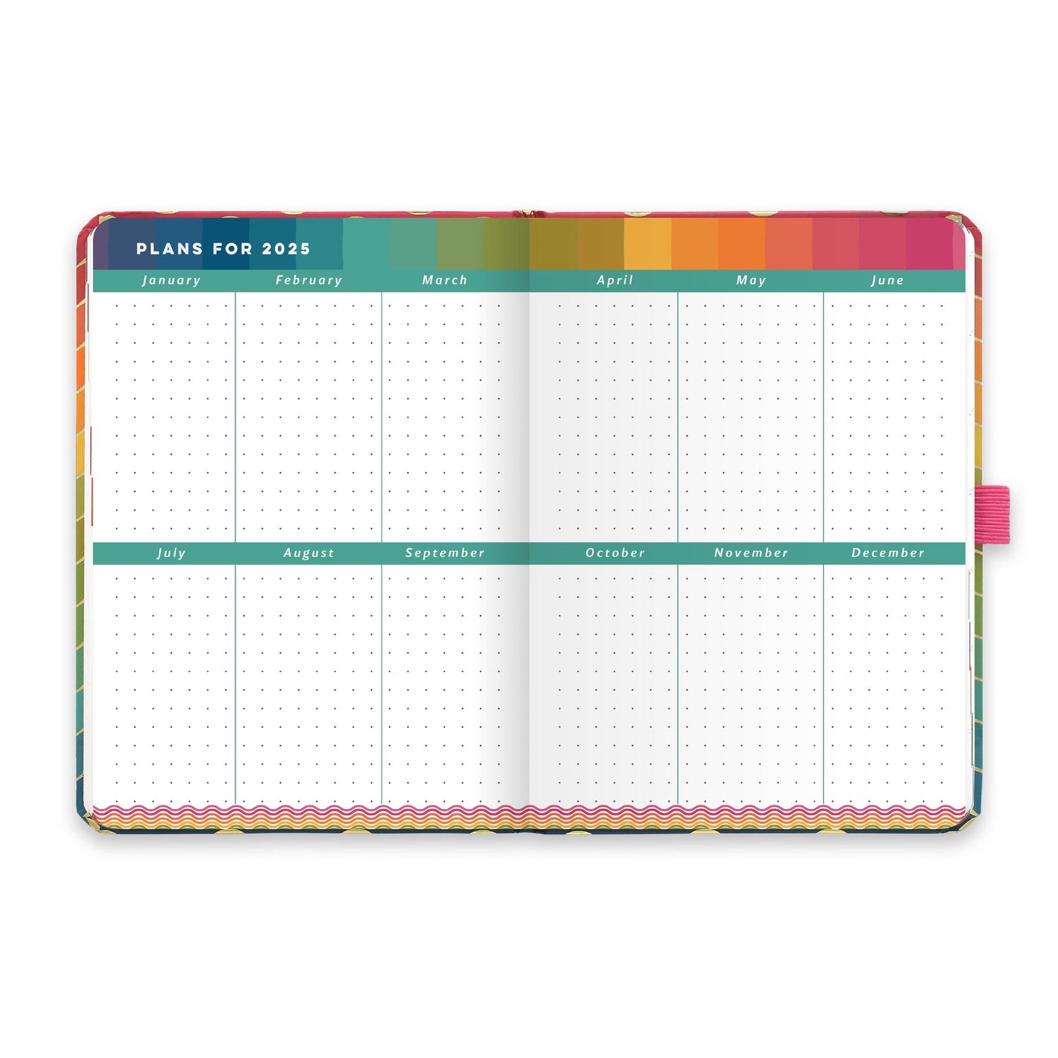 An open diary planner with plans for 2025 and dotted note space for each month.