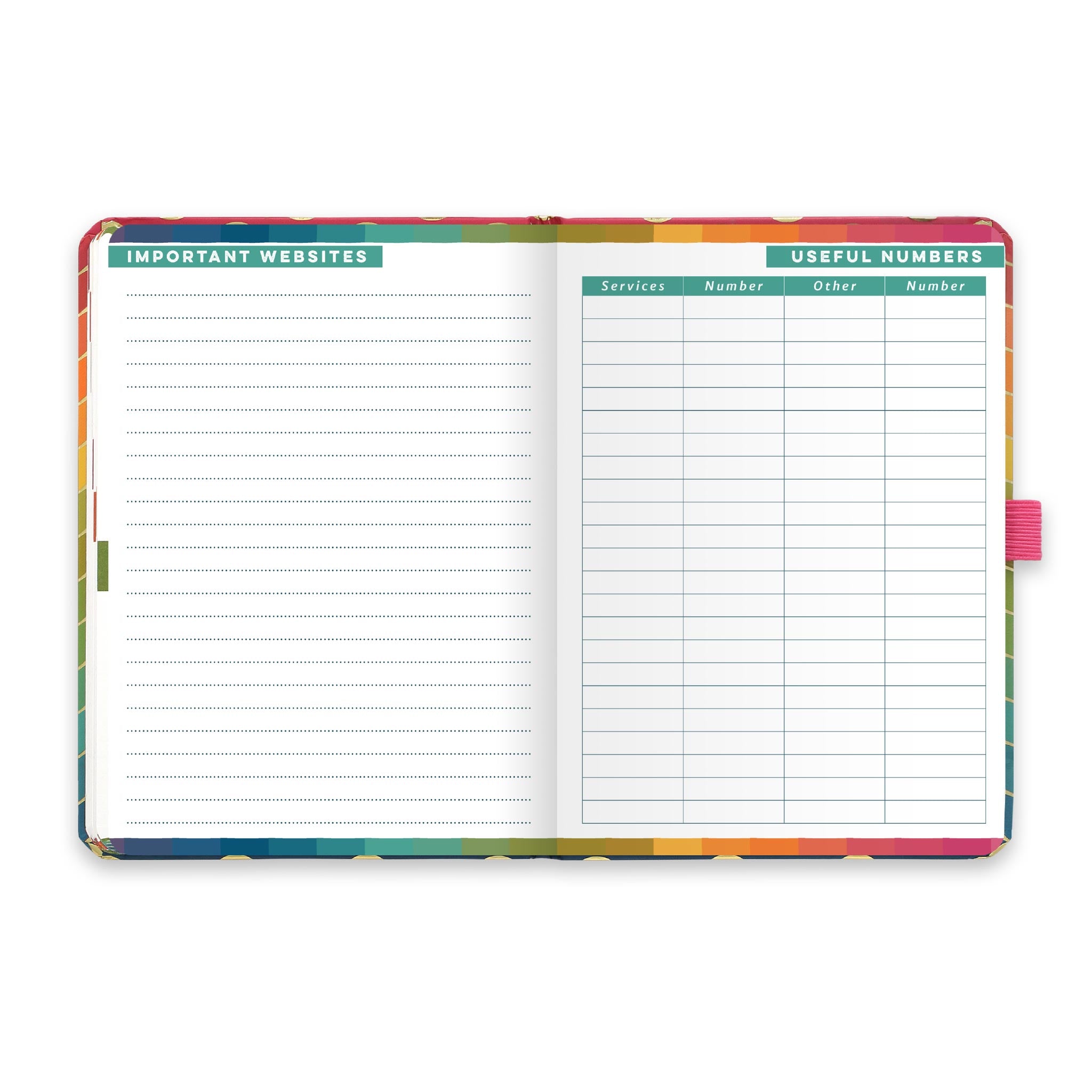 An open diary planner with a page for Important websites and a useful numbers page.
