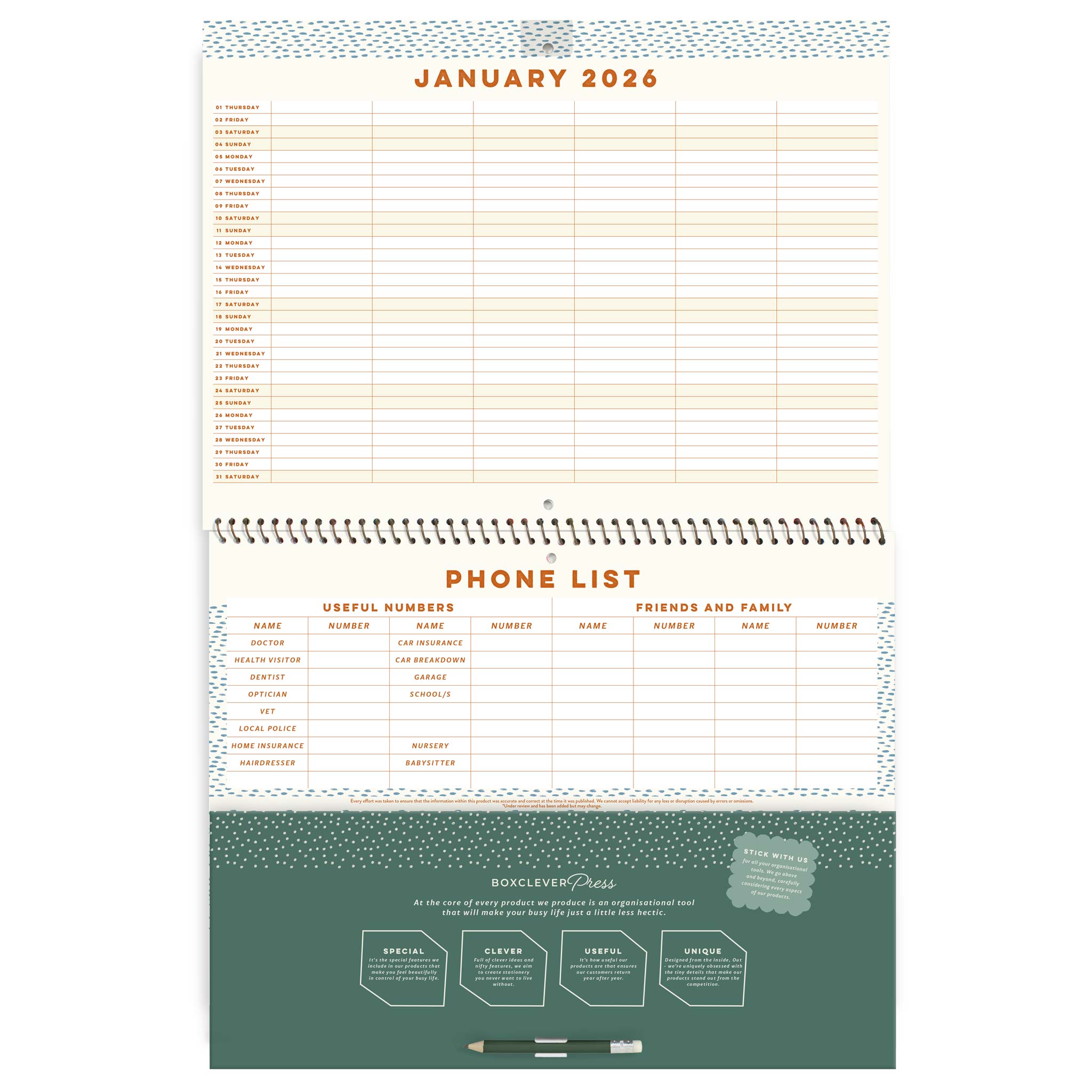 Back page of the family planner with a phone list, pocket and clip on pencil 