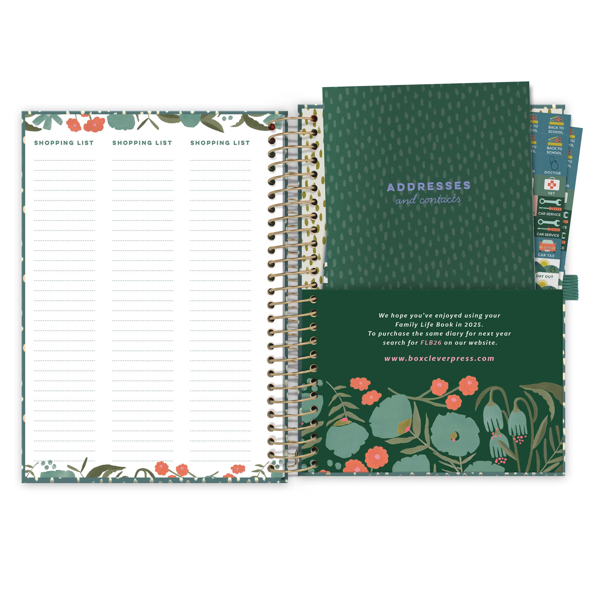 Back pages of a diary with perforated shopping lists and a green pocket with an address book and reminder stickers
