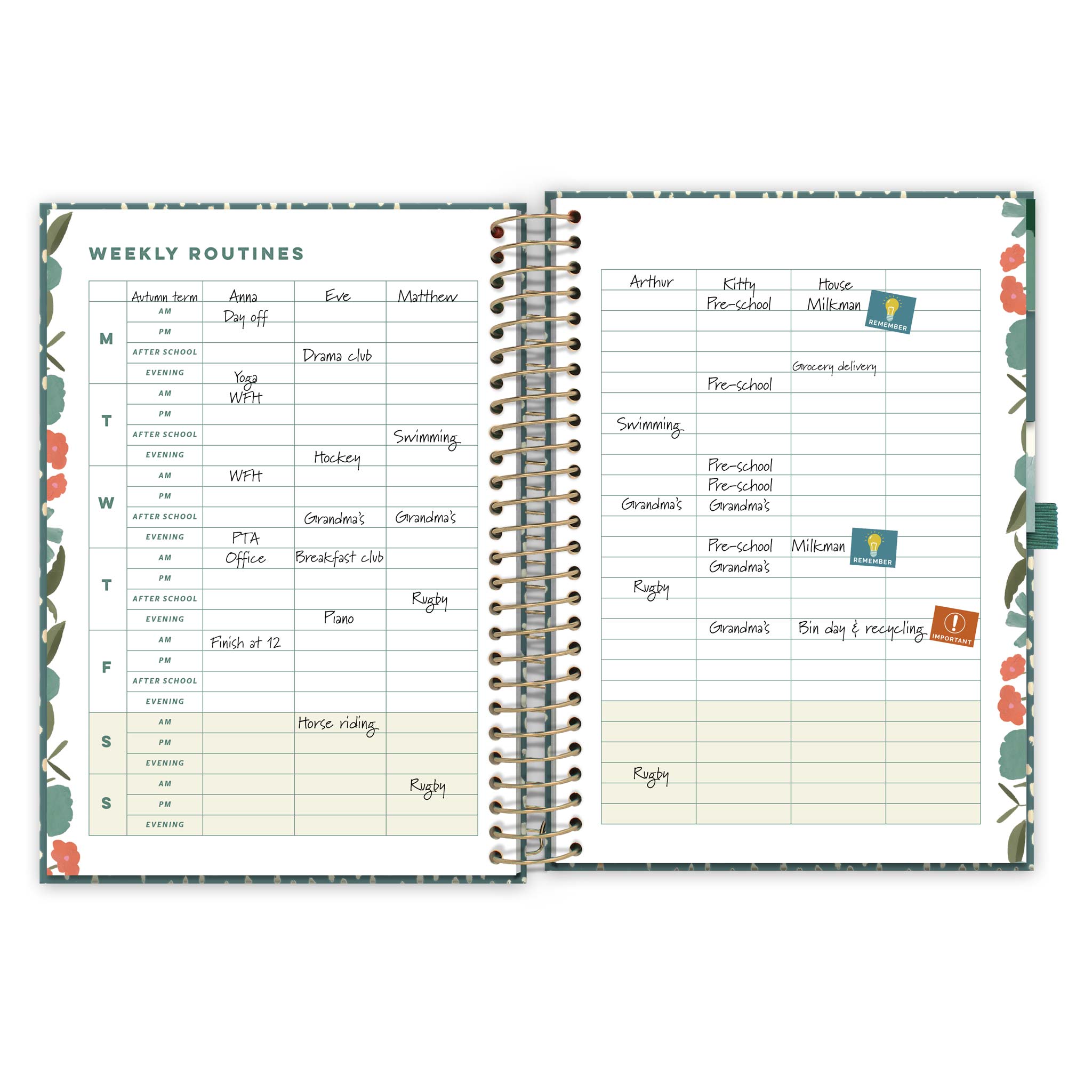 An open diary page with floral pattern showing a weekly routines timetable, writing and stickers