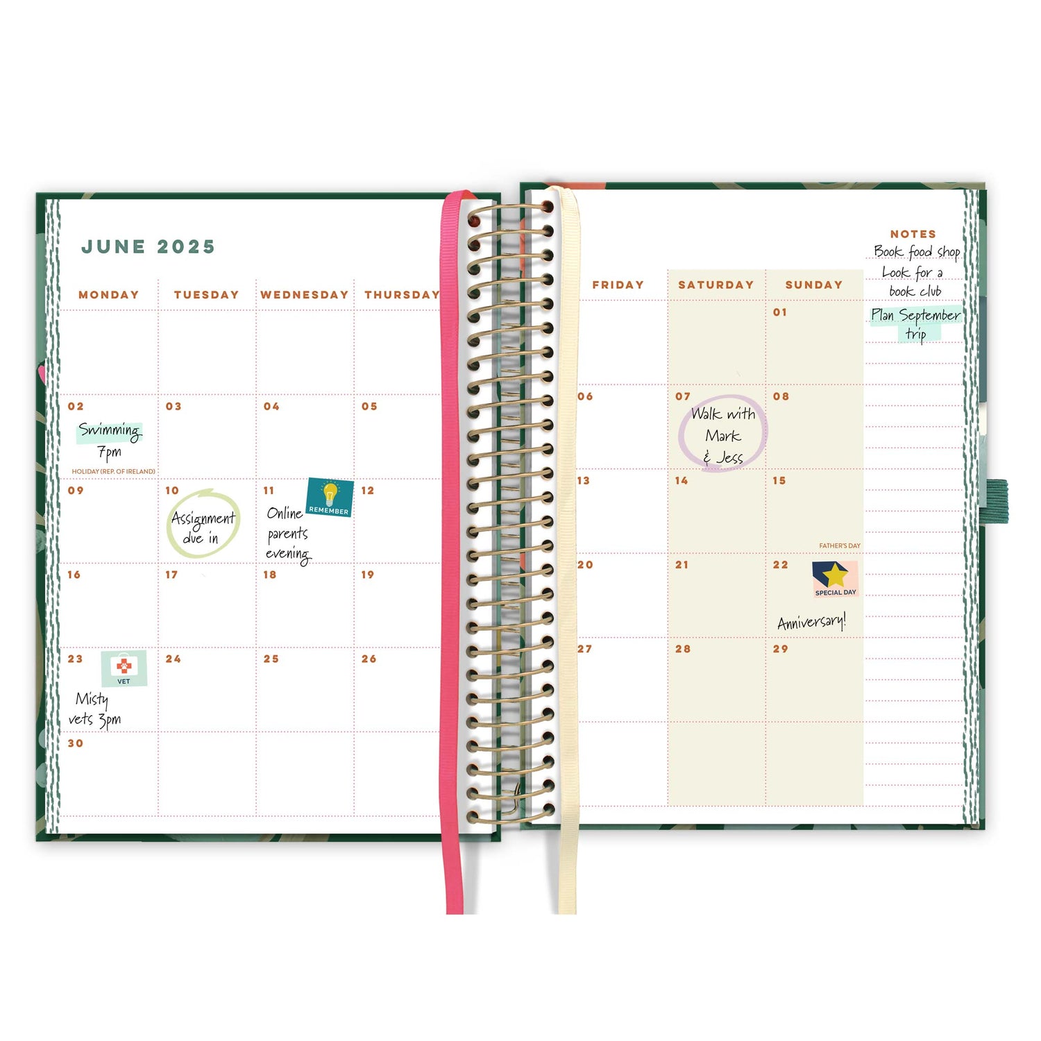 An open page diary spread with a month to view calendar with appointments and stickers and white and pink page markers
