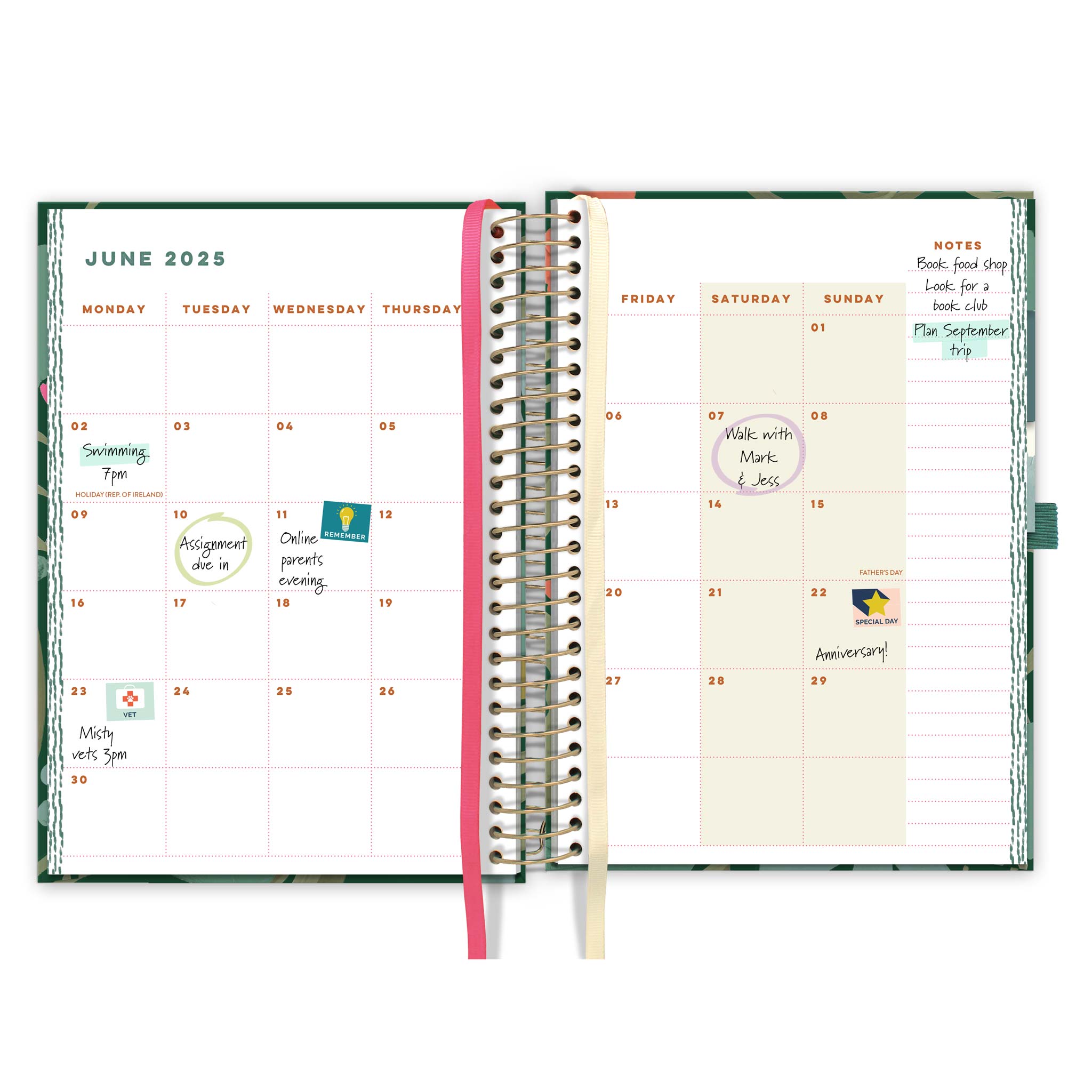 An open page diary spread with a month to view calendar with appointments and stickers and white and pink page markers