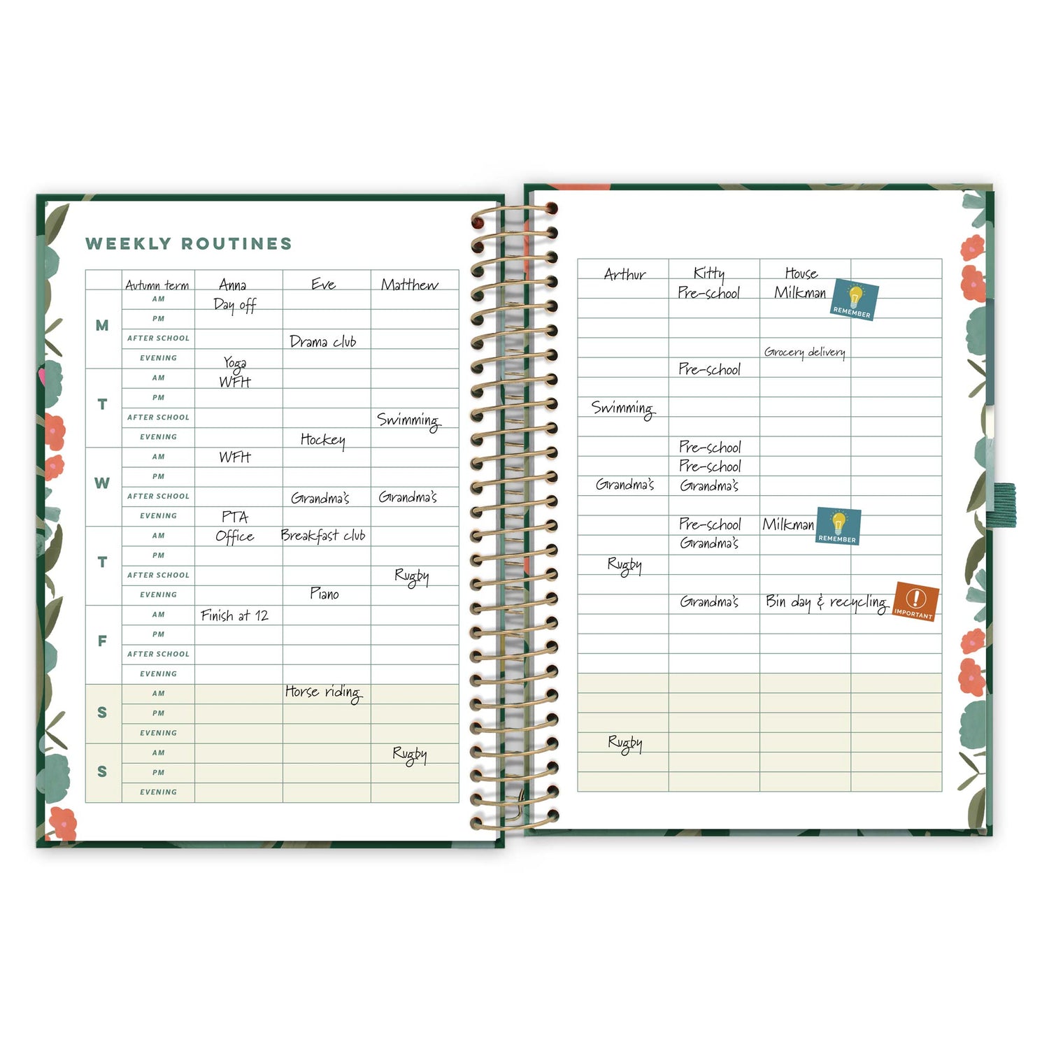 An open diary page with floral pattern showing a weekly routines timetable, writing and stickers