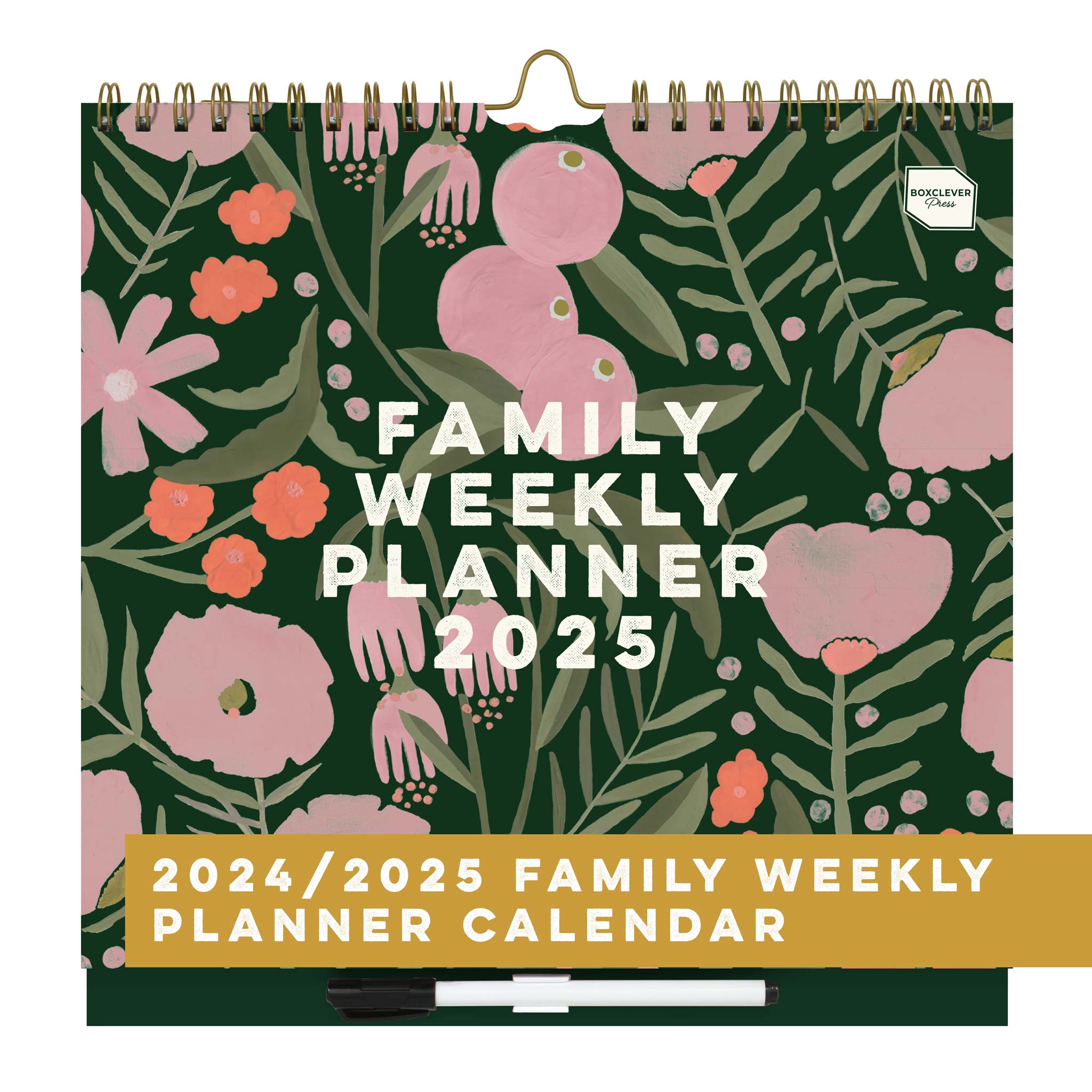 Boxclever Press Family Weekly Calendar 2025 with a green cover and floral print