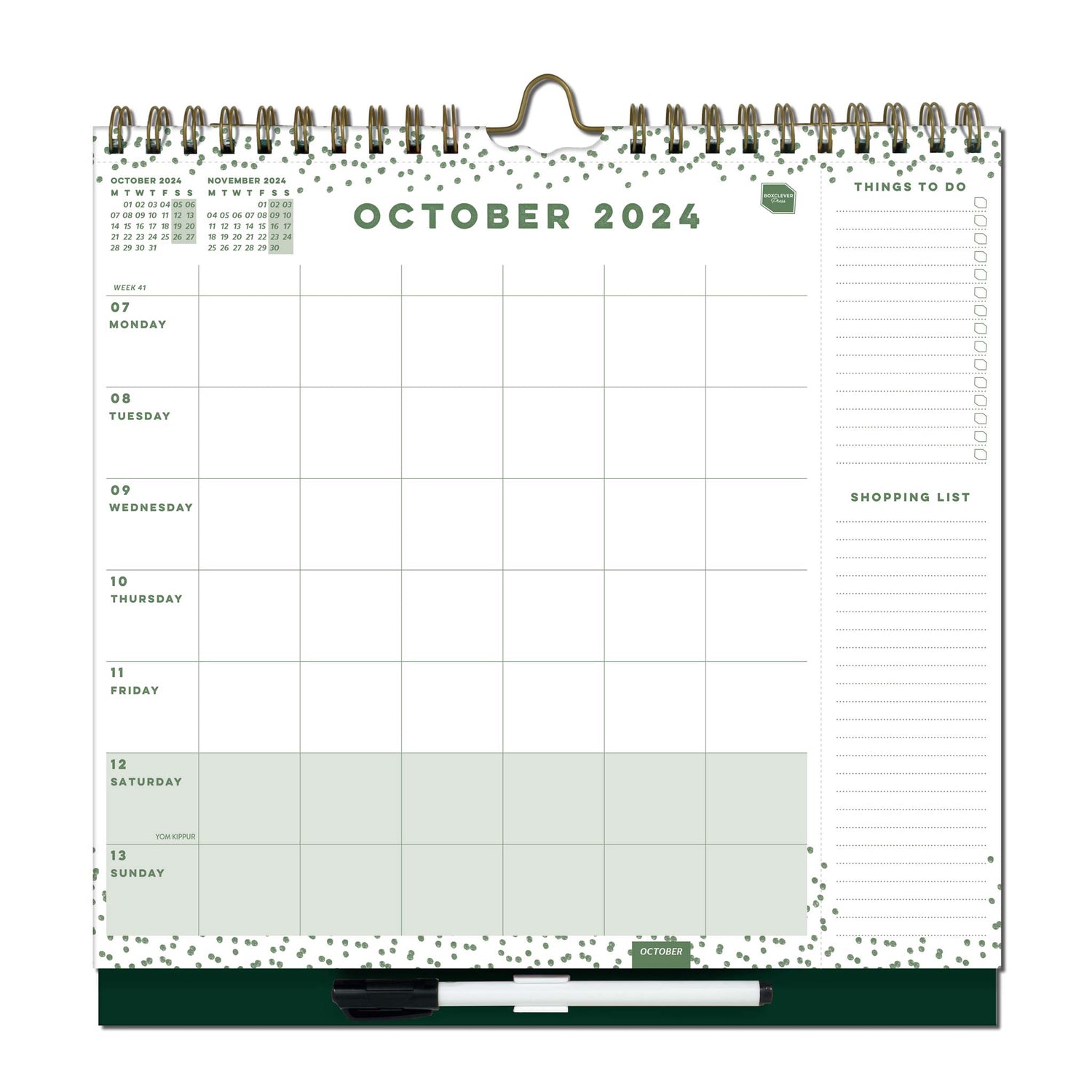 A wall calendar page with a 6 column weekly layout 