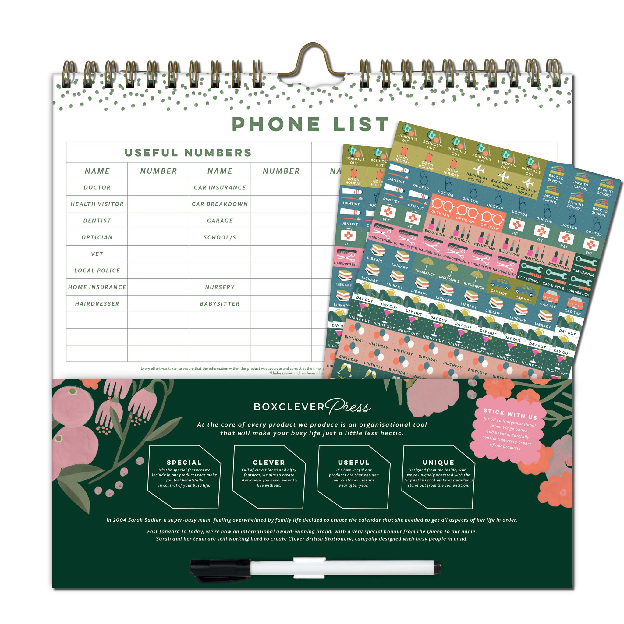 A calendar back pocket with 2 sheets of colourful reminder stickers