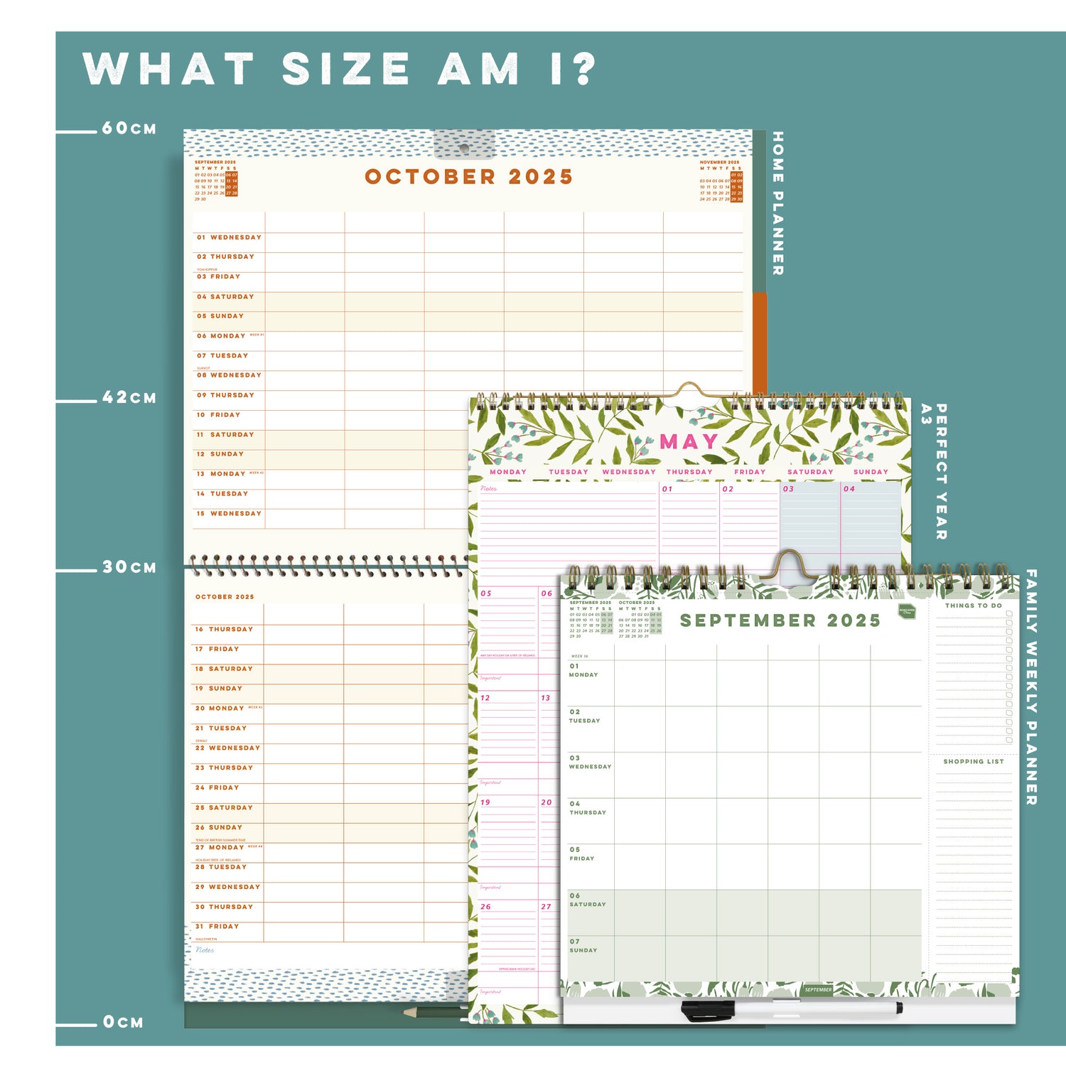 Size image showing the Family Weekly Planner against the A3 calendar and Home Planner calendar.