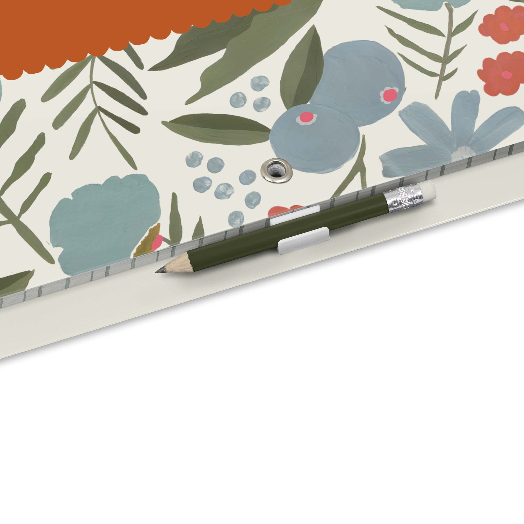 A green pencil with eraser clipped on to the bottom of calendar