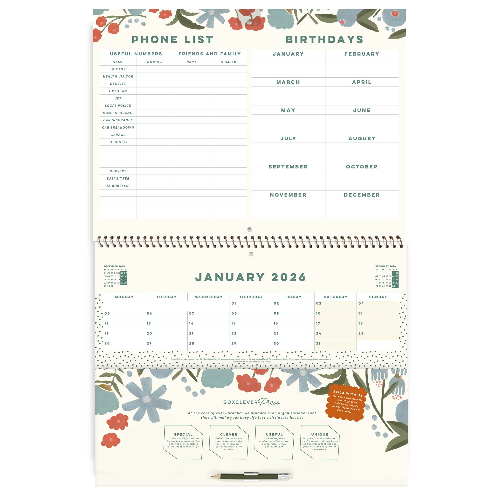 Back page of the home planner with a phone list, birthdays, pocket and clip on pencil