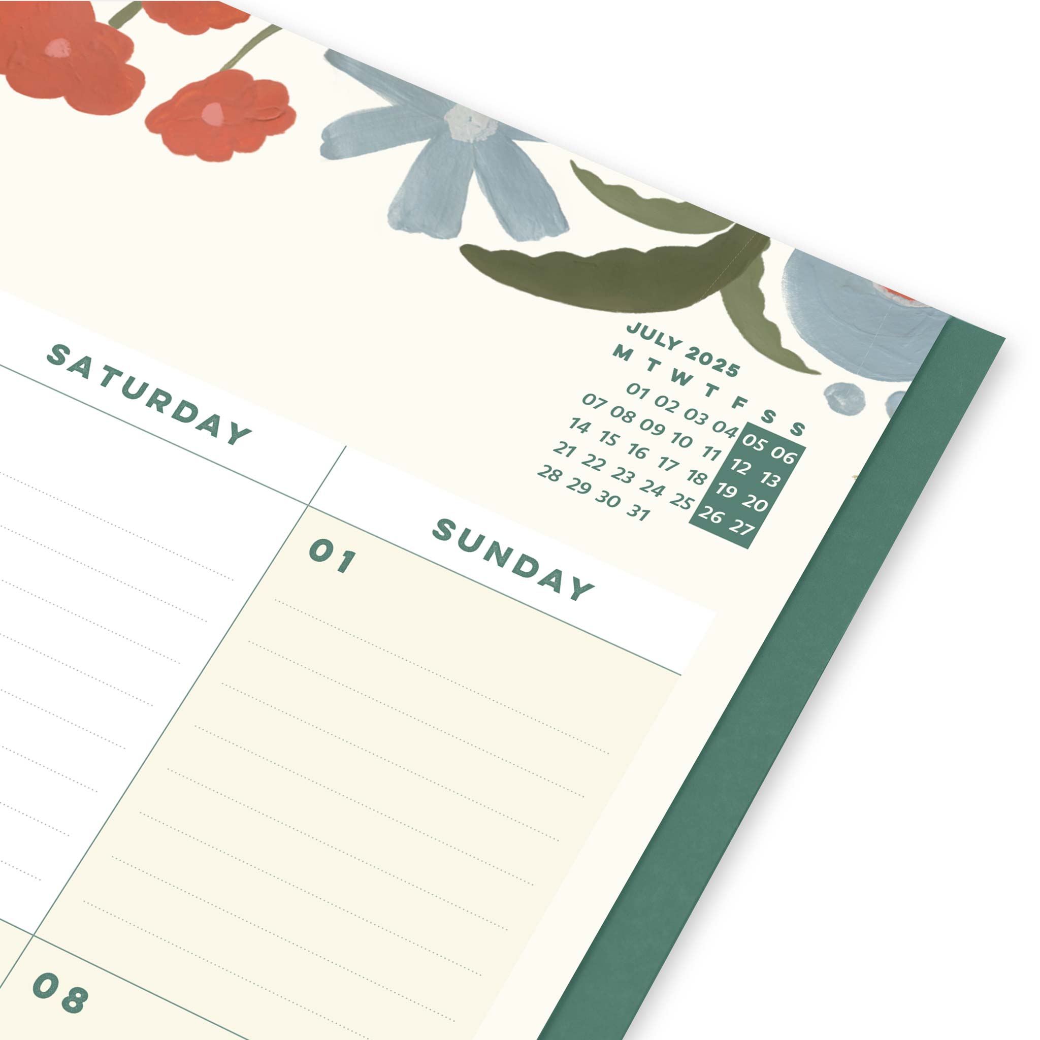 A calendar page with flowers on it and a microcalendar for July 2025