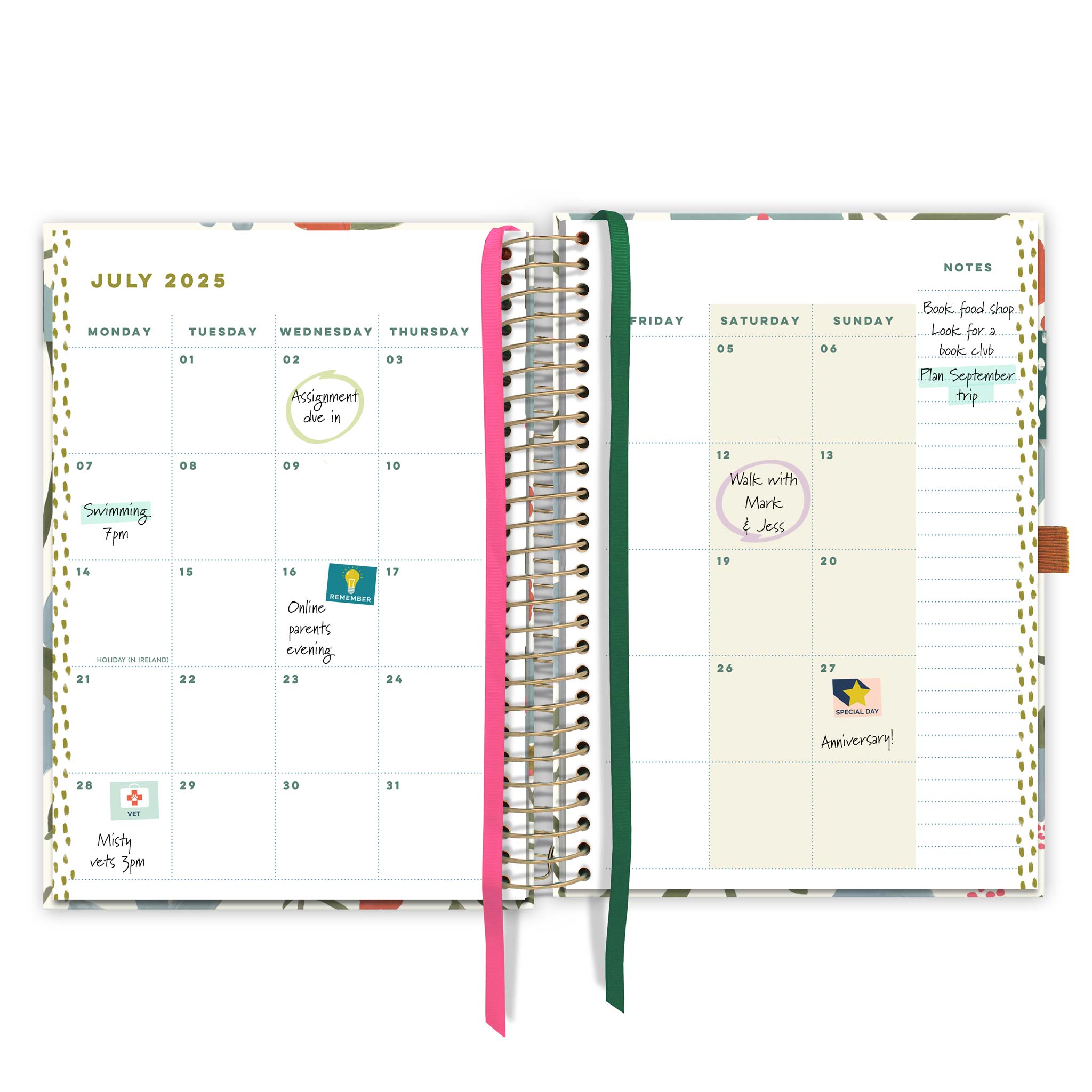 An open page diary spread with a month to view calendar with appointments and stickers and green and pink page markers