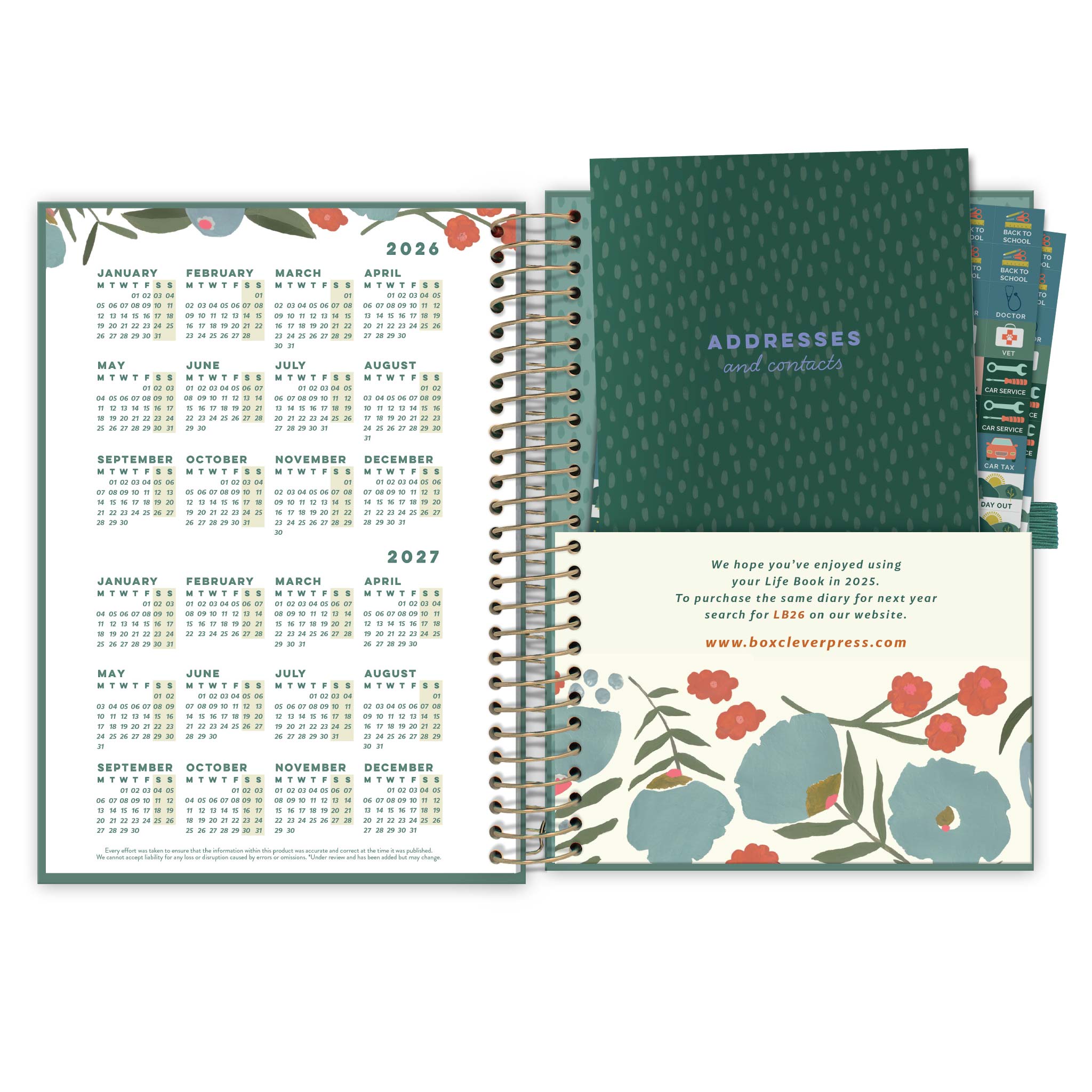 Back pages of a diary with year microcalendars and a floral pocket with an address book and reminder stickers