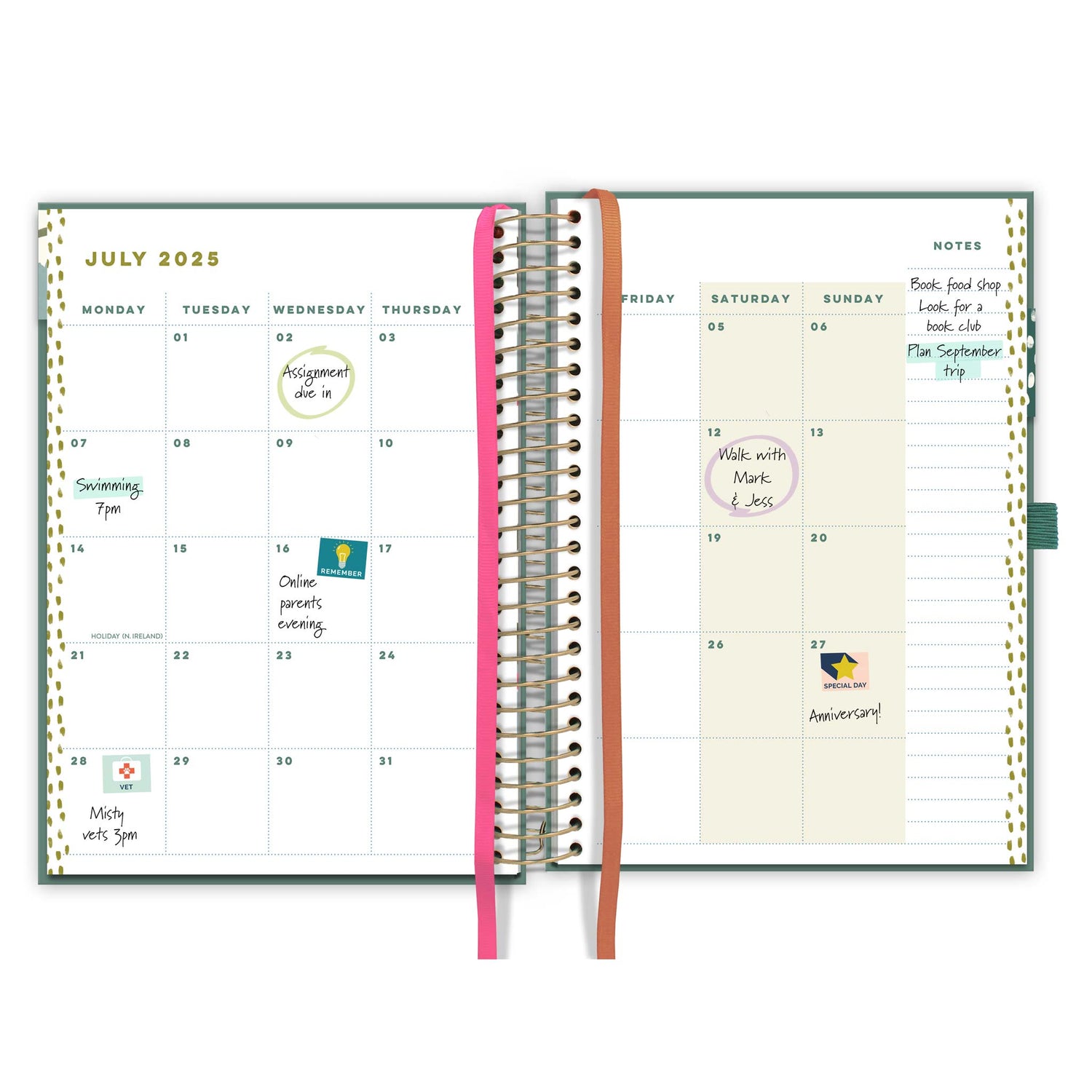 An open page diary spread with a month to view calendar with appointments and stickers and green and pink page markers