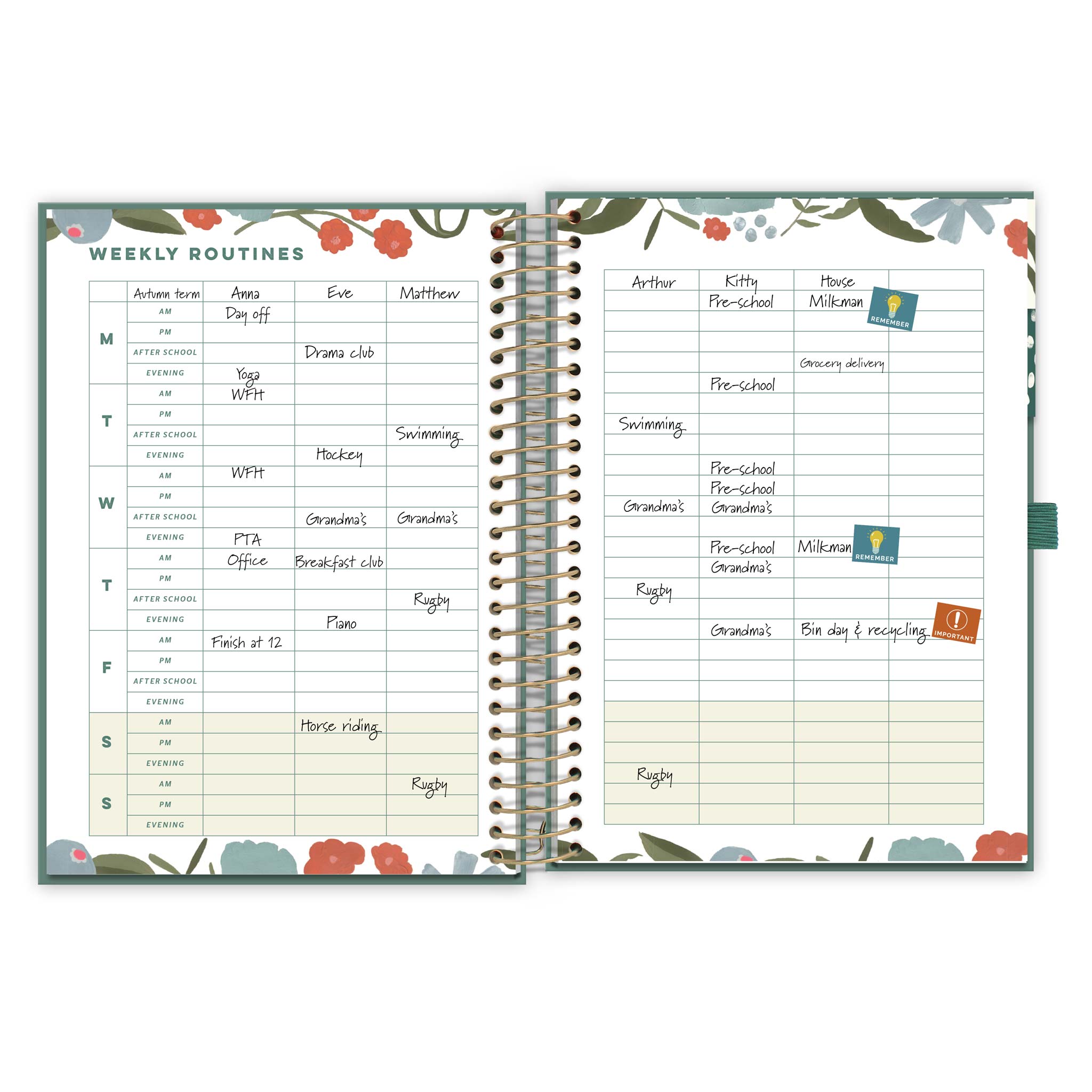 An open diary page with floral pattern showing a weekly routines timetable, writing and stickers