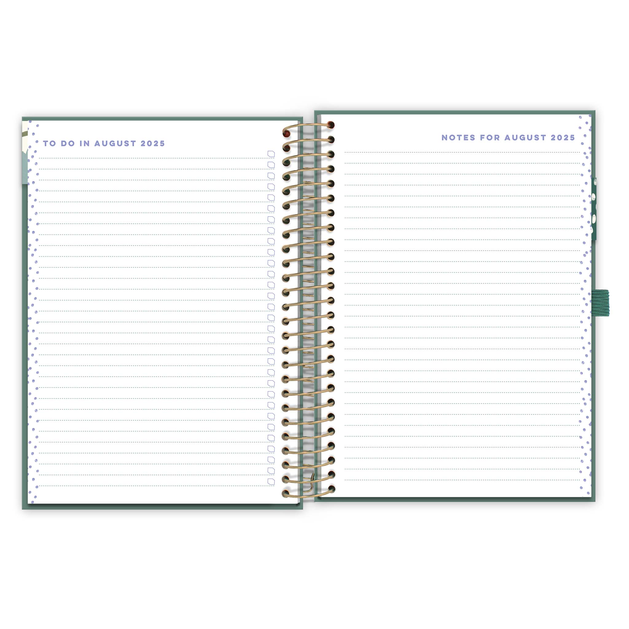 An open diary planner page with a to do in August 2025 page and notes for August 2025 page