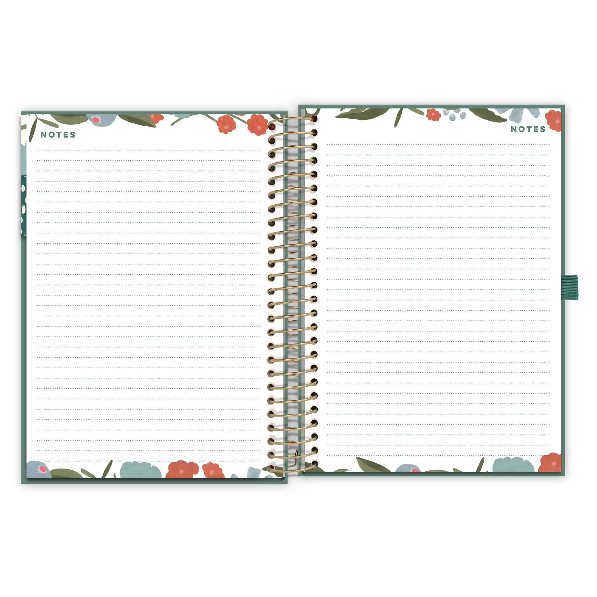 An open diary spread with floral pattern showing lined note pages