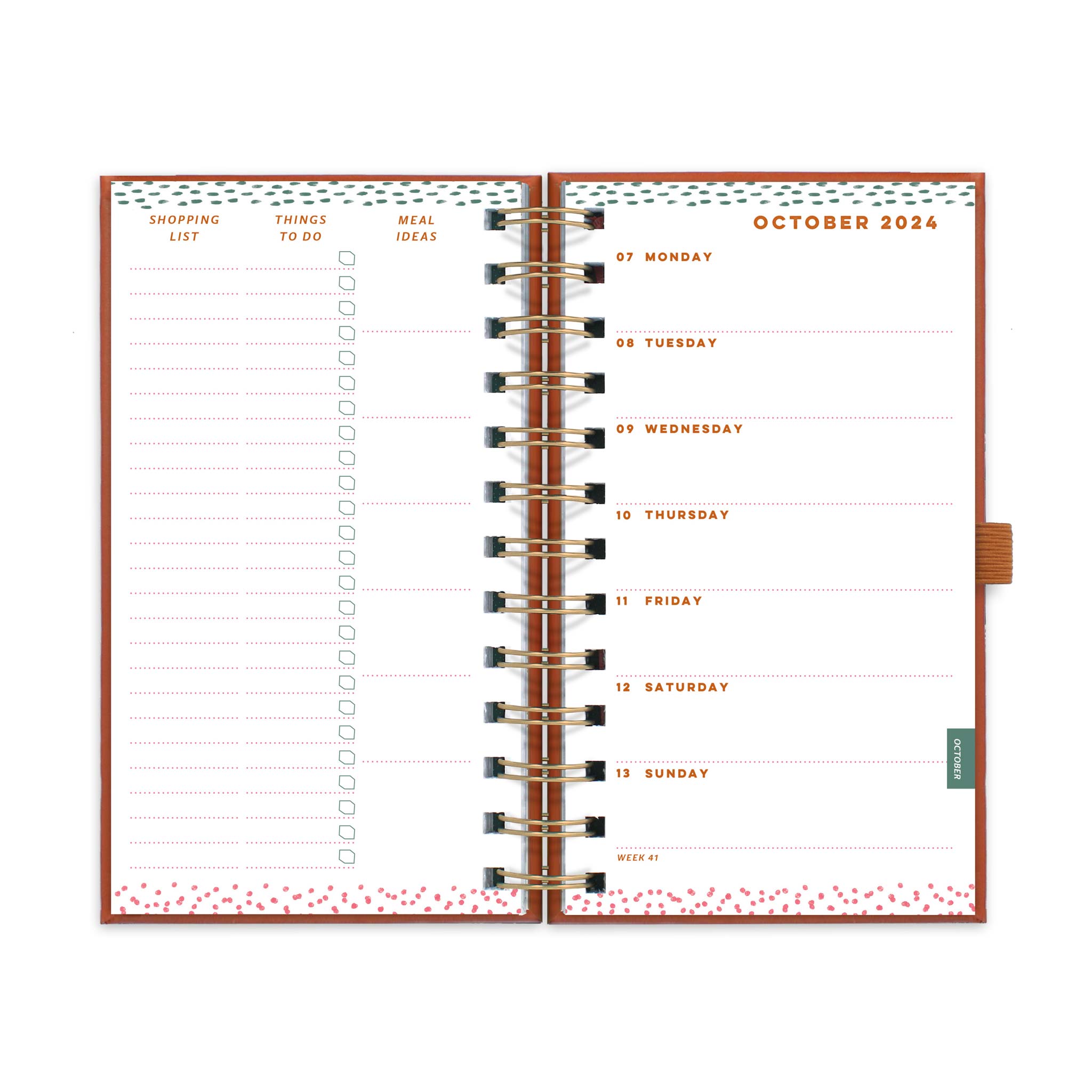 A week to view double page diary spread with a diary page on the right and lists for shopping, to dos and meals on the left