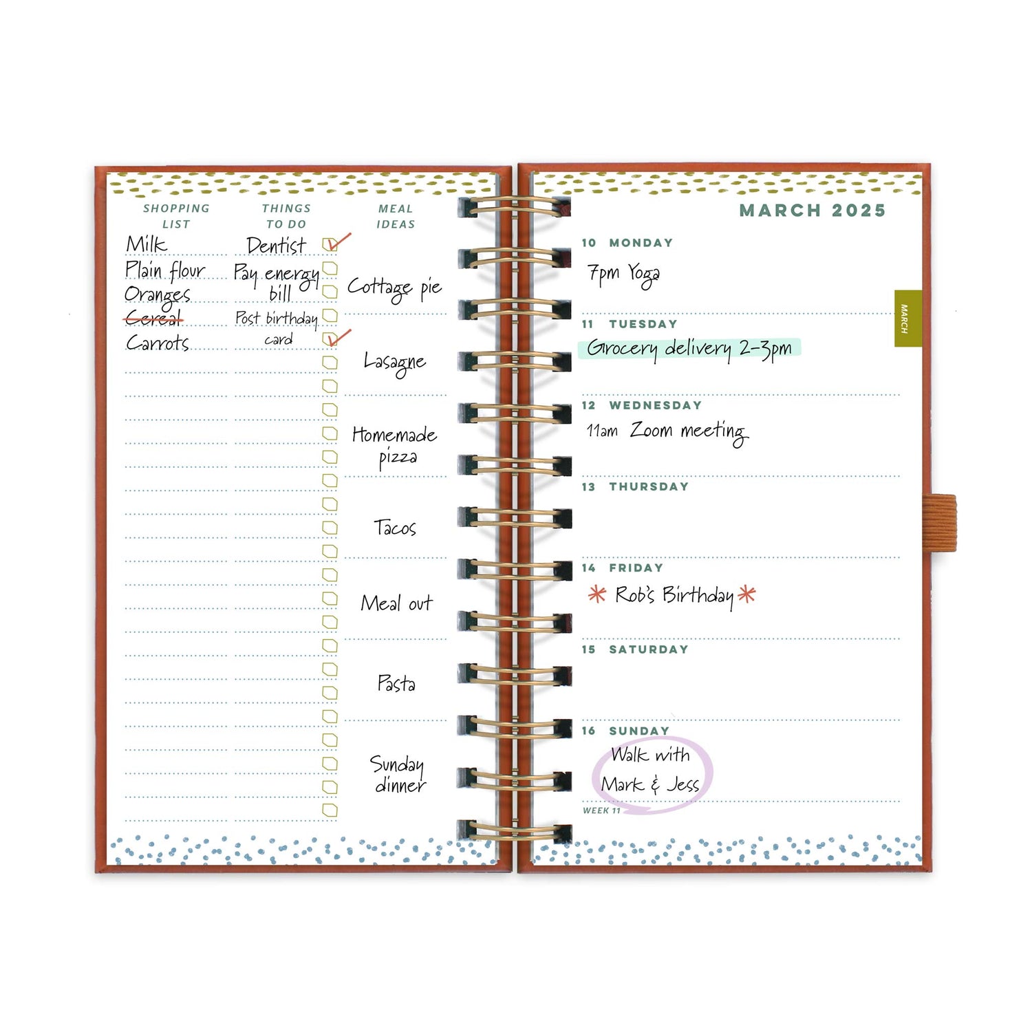 Open slimline diary with week to view appointments on the right hand side page and lists for shopping, to-do&