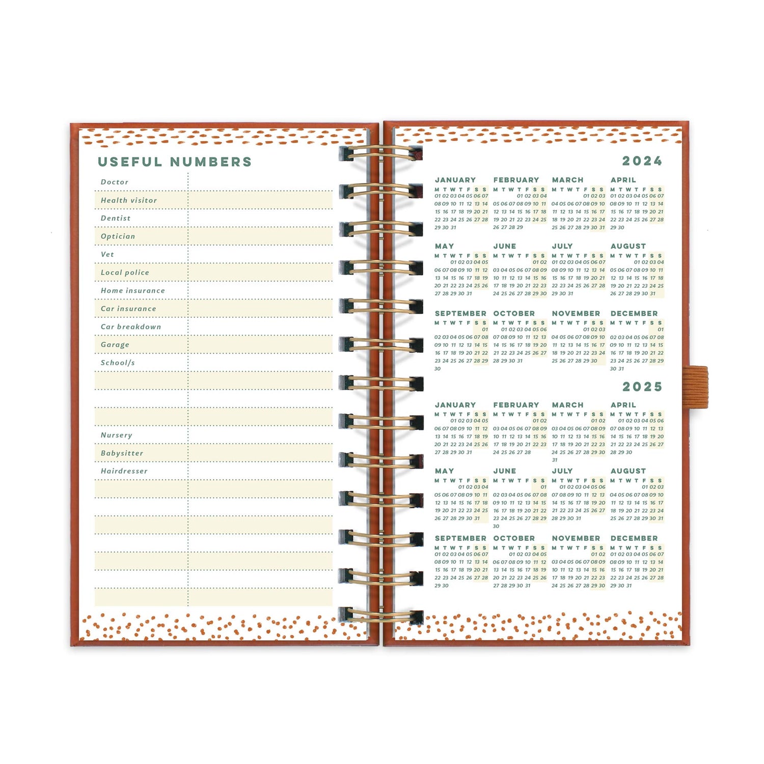 Slimline diary with a page for useful numbers and a page with year micro calendars for 2024 and 2025.