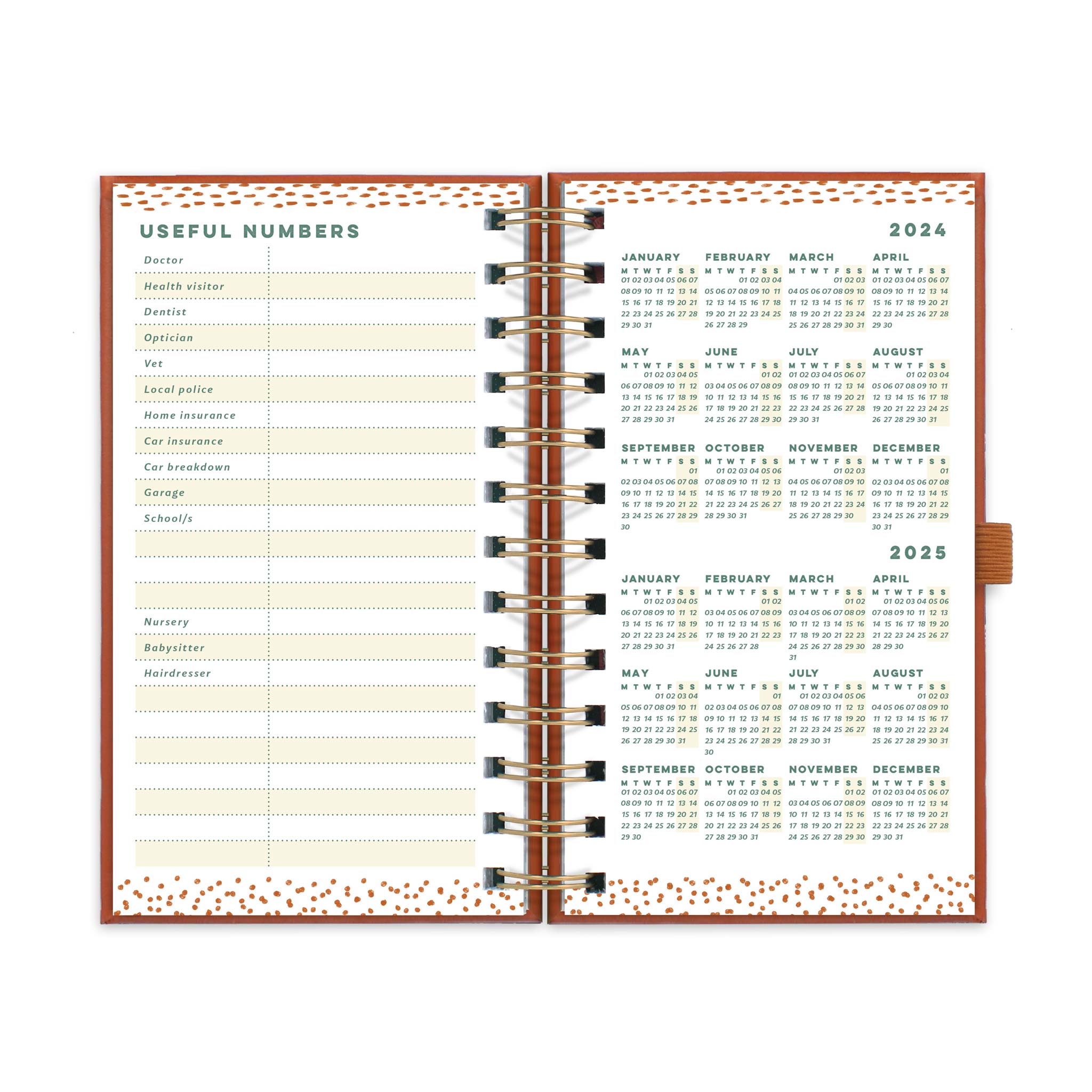 Slimline diary with a page for useful numbers and a page with year micro calendars for 2024 and 2025.