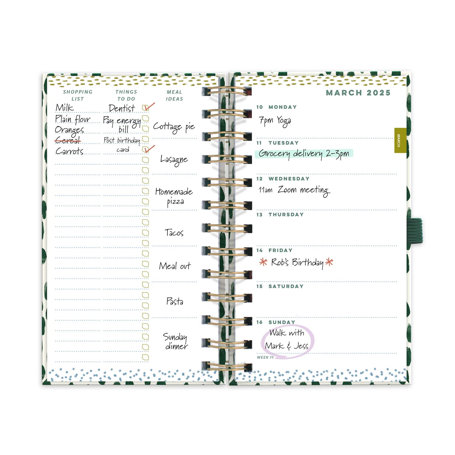 Open slimline diary with week to view appointments on the right hand side page and lists for shopping, to-do&