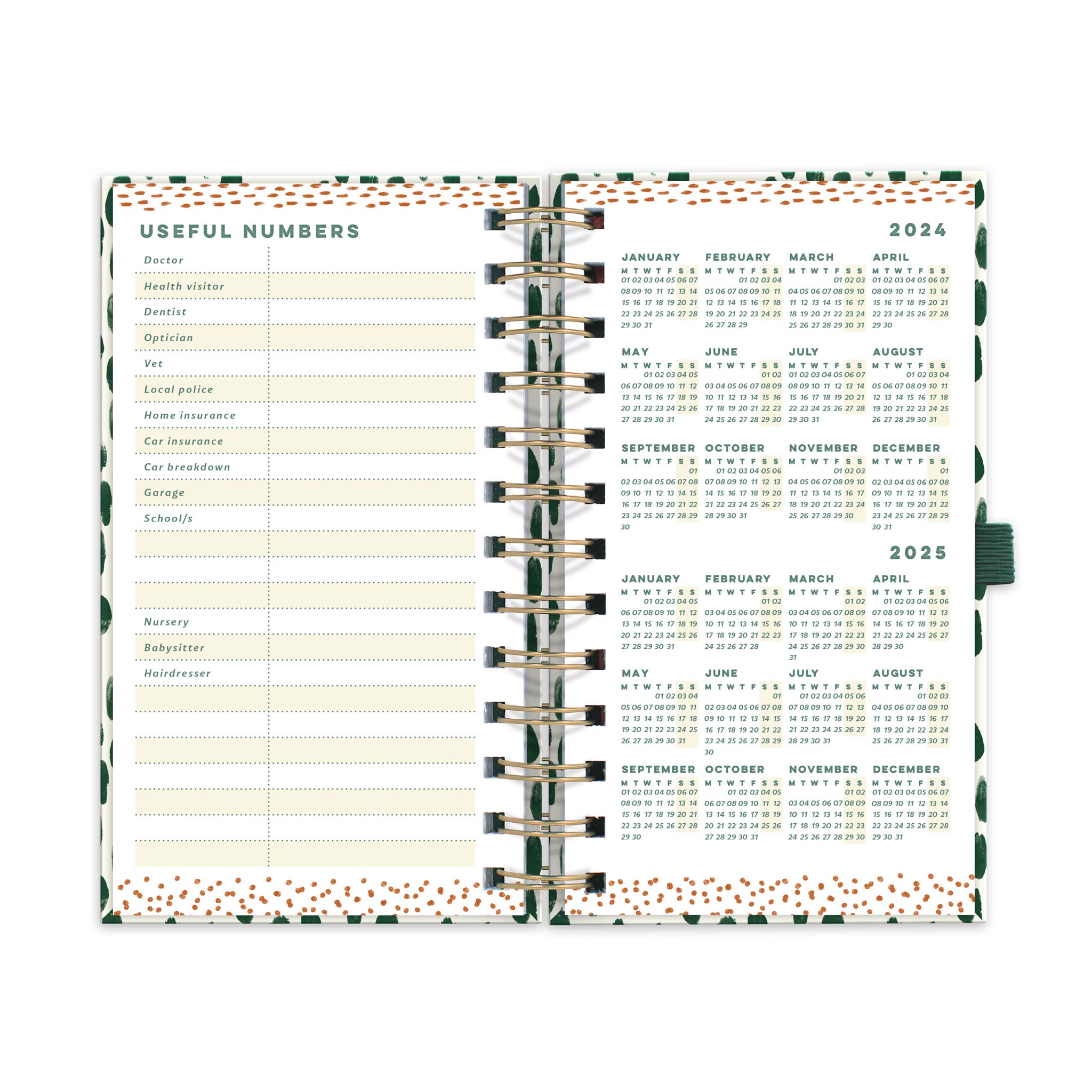 An open diary planner with a useful numbers page and a page with year microcalendars for 2024 and 2024