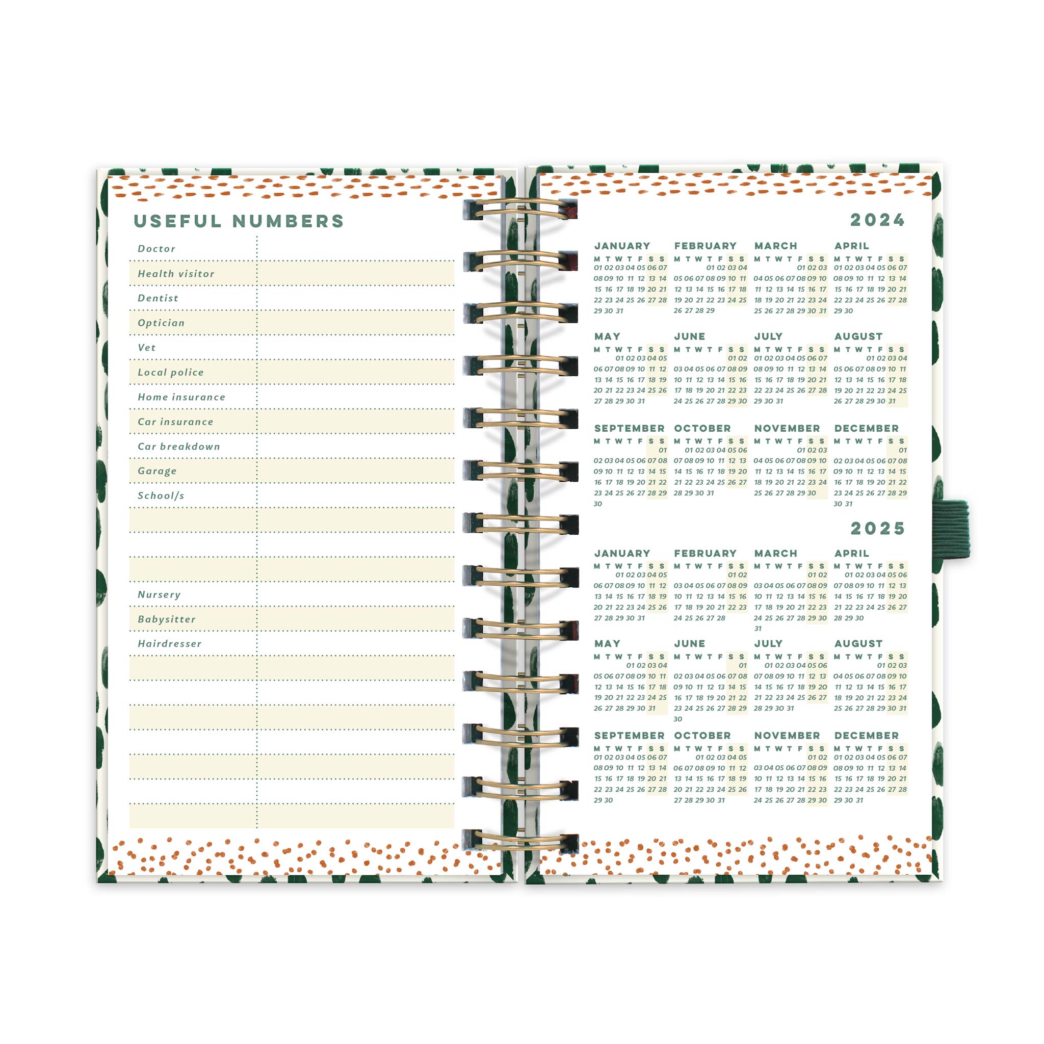 Slimline diary with a page for useful numbers and a page with year micro calendars for 2024 and 2025.