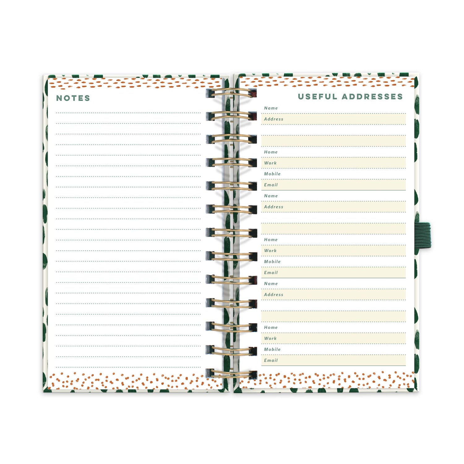 An open diary planner with a lined notes page and a page for addresses