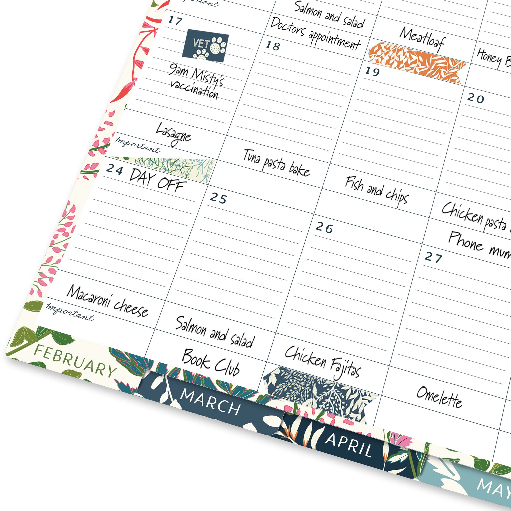 Large wall calendar with lined appointment blocks, priority boxes and and monthly tabs