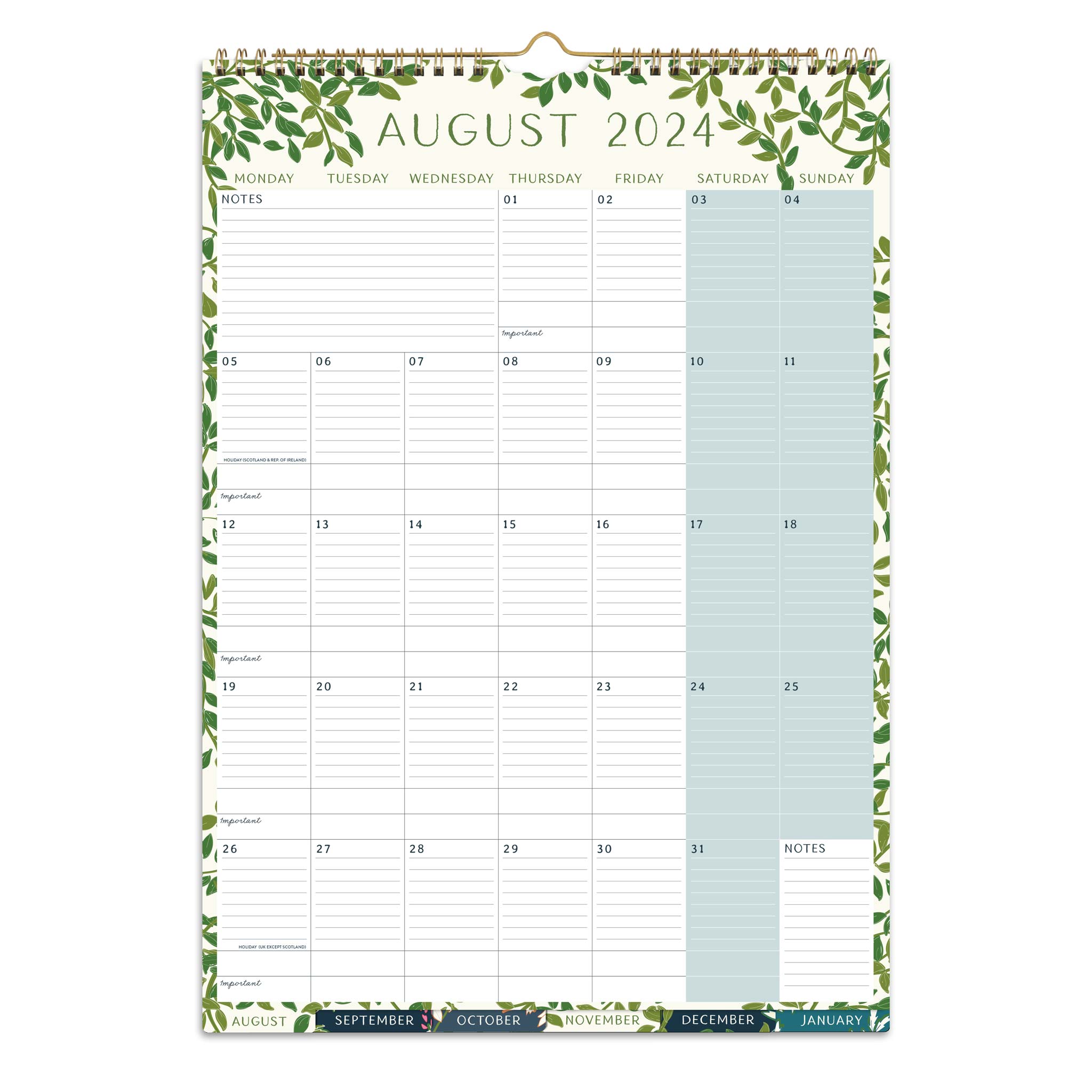 A wall calendar page for August 2024 with a green leaf pattern