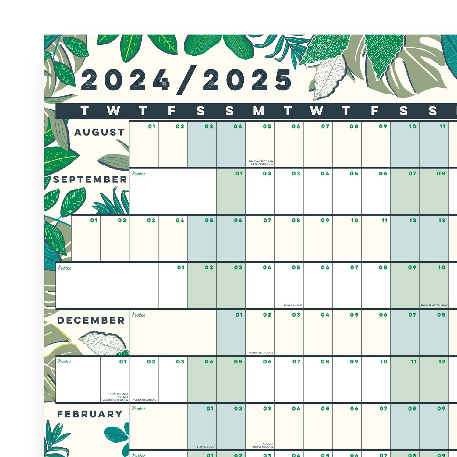 The top of a wall planner showing 2024/2025, linear lines for each date and shaded weekends