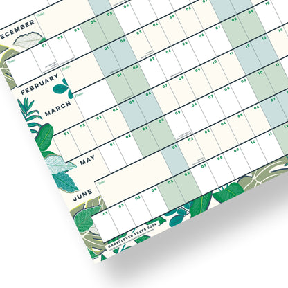 The bottom corner of a wall planner showing note boxes, shaded weekends and colourful pattern