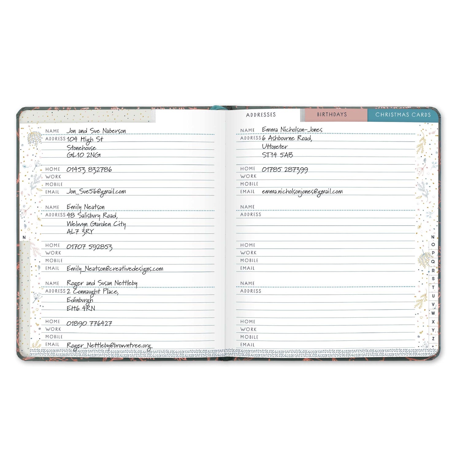 Internal page of large address book with A-Z tabs.