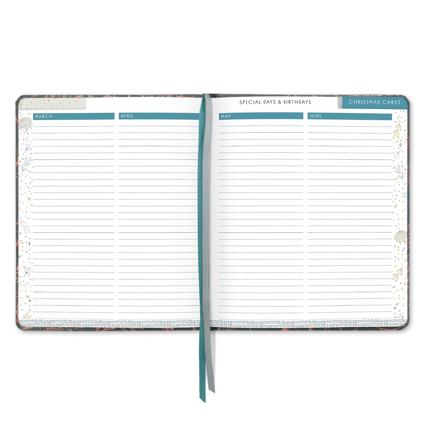 Tabbed birthday section with space for birthdays every month.