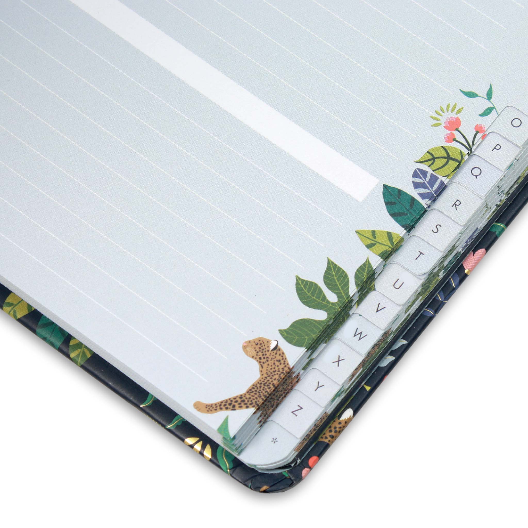 Close up of the large address book and the individual A-Z tabs.